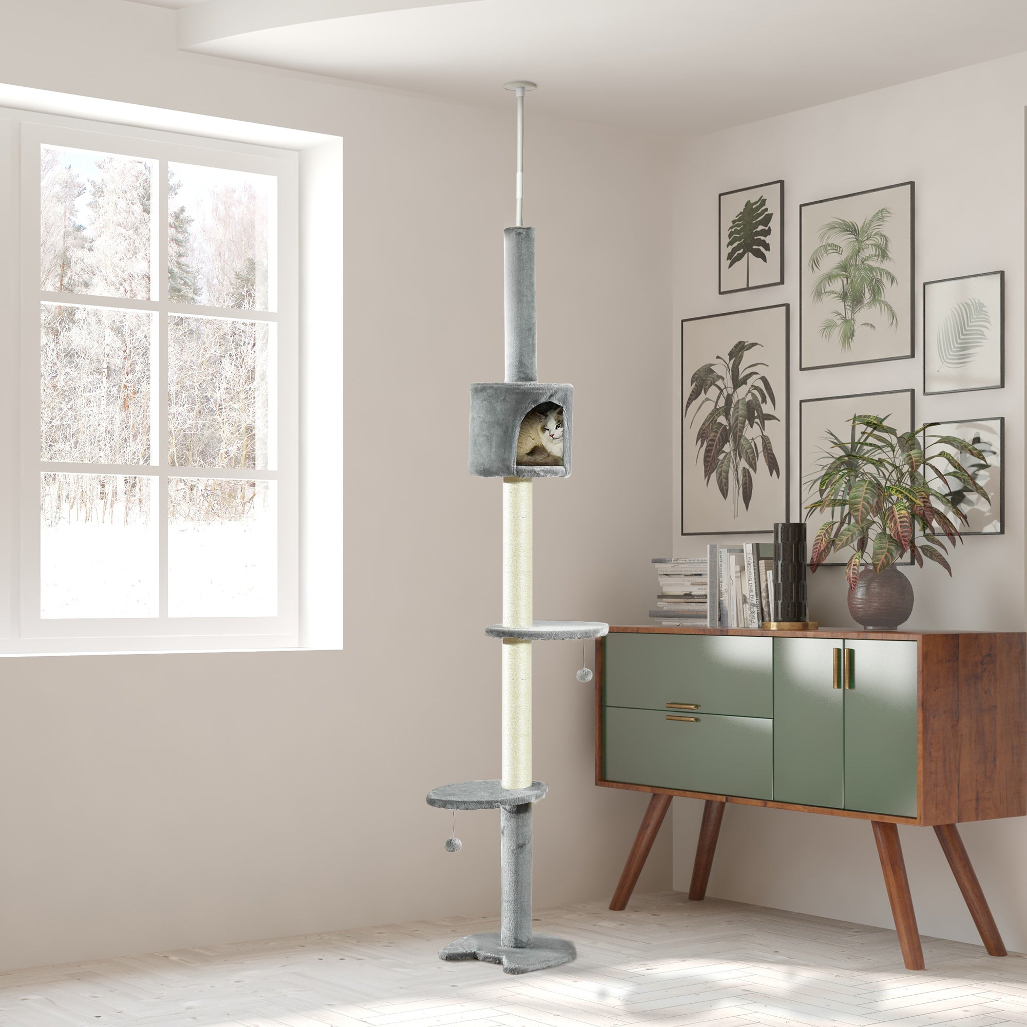 Árvore Arranhador para Gatos Cinza Claro 40x40x280cm - Centro de Atividades com Plataformas e Postes de Sisal