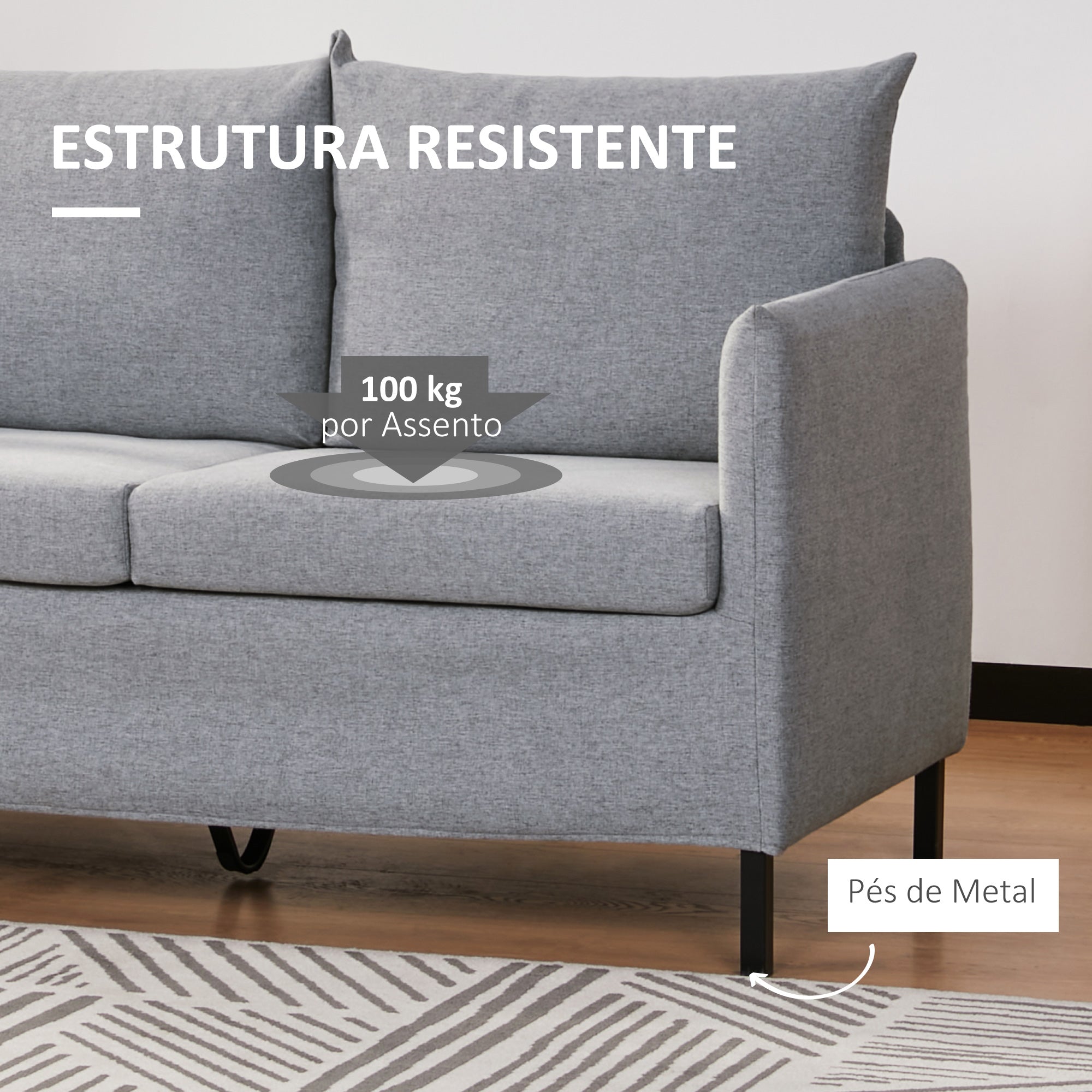 Sofá 2 Lugares Estofado em Linho Sintético 130x67x76.5cm - Cinza Claro