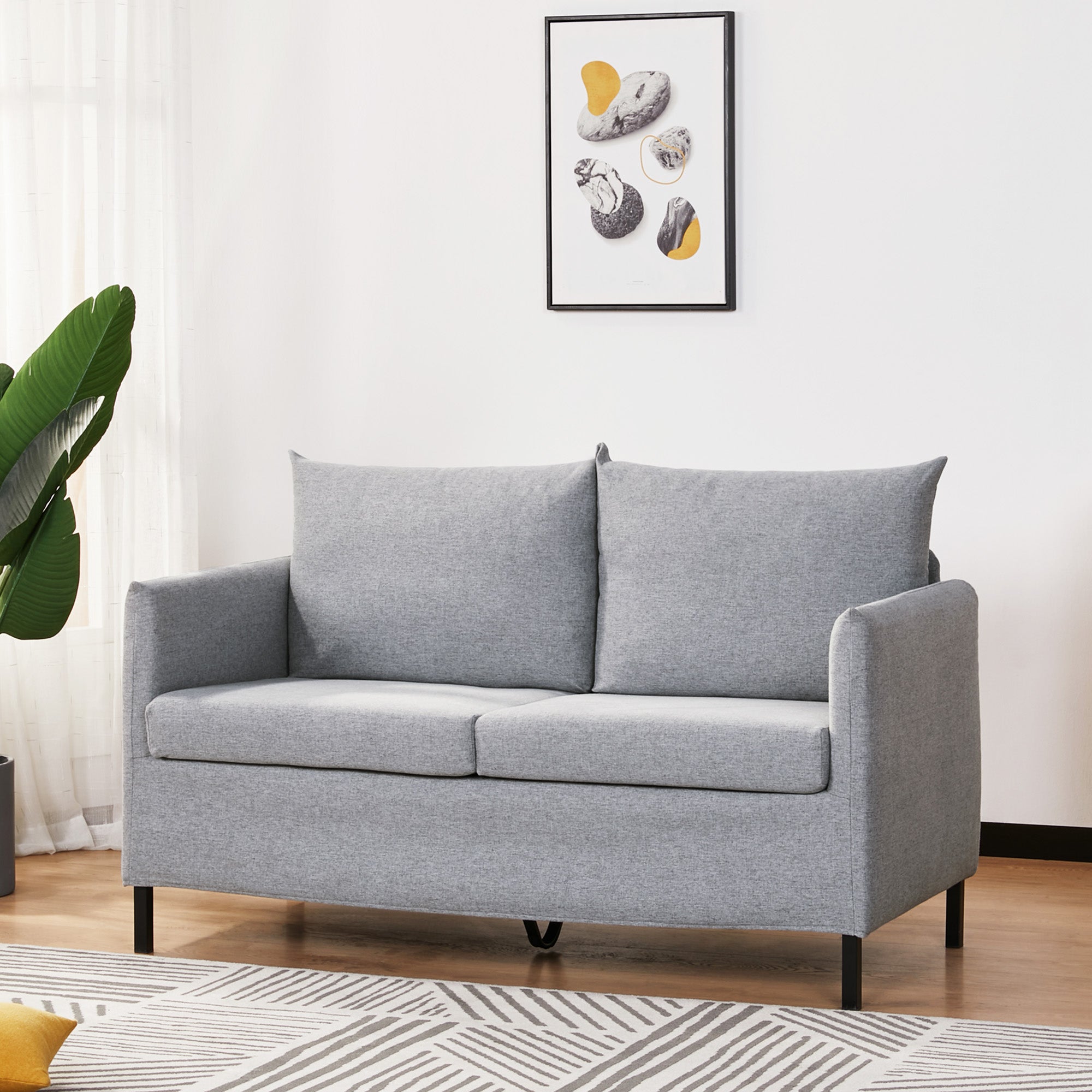 Sofá 2 Lugares Estofado em Linho Sintético 130x67x76.5cm - Cinza Claro
