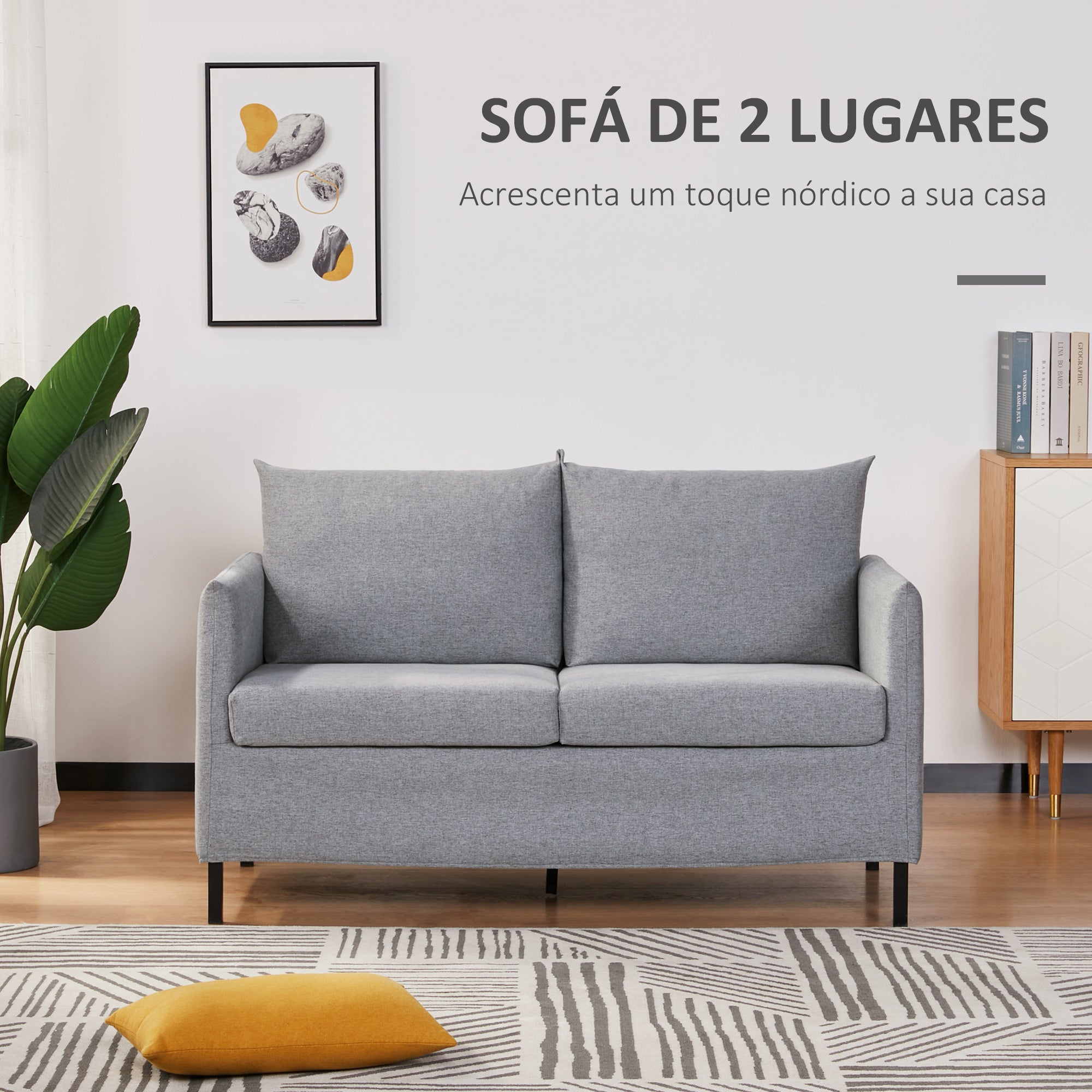 Sofá 2 Lugares Estofado em Linho Sintético 130x67x76.5cm - Cinza Claro