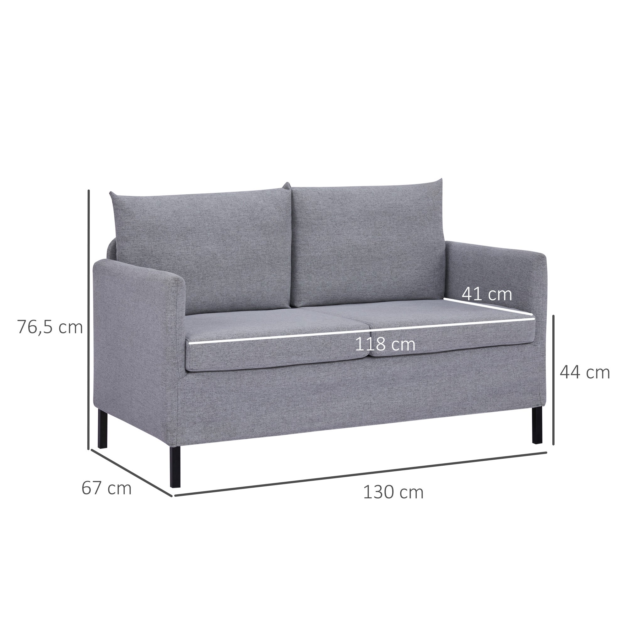 Sofá 2 Lugares Estofado em Linho Sintético 130x67x76.5cm - Cinza Claro