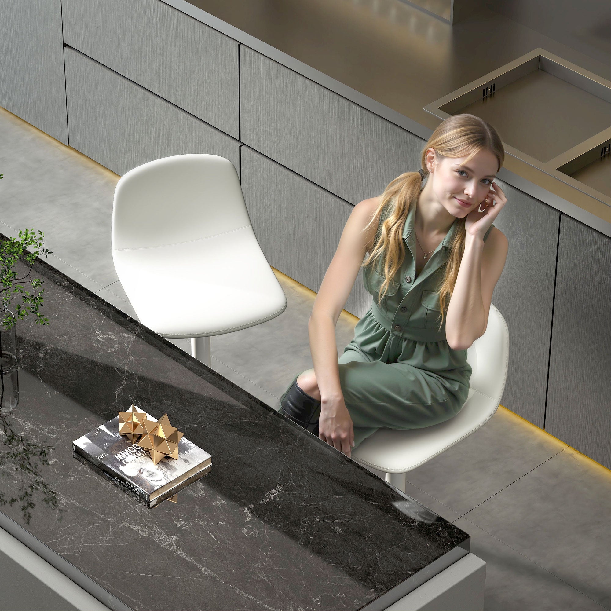 Conjunto de 2 Bancos Altos de Cozinha Brancos 40,5x44x84-104 cm