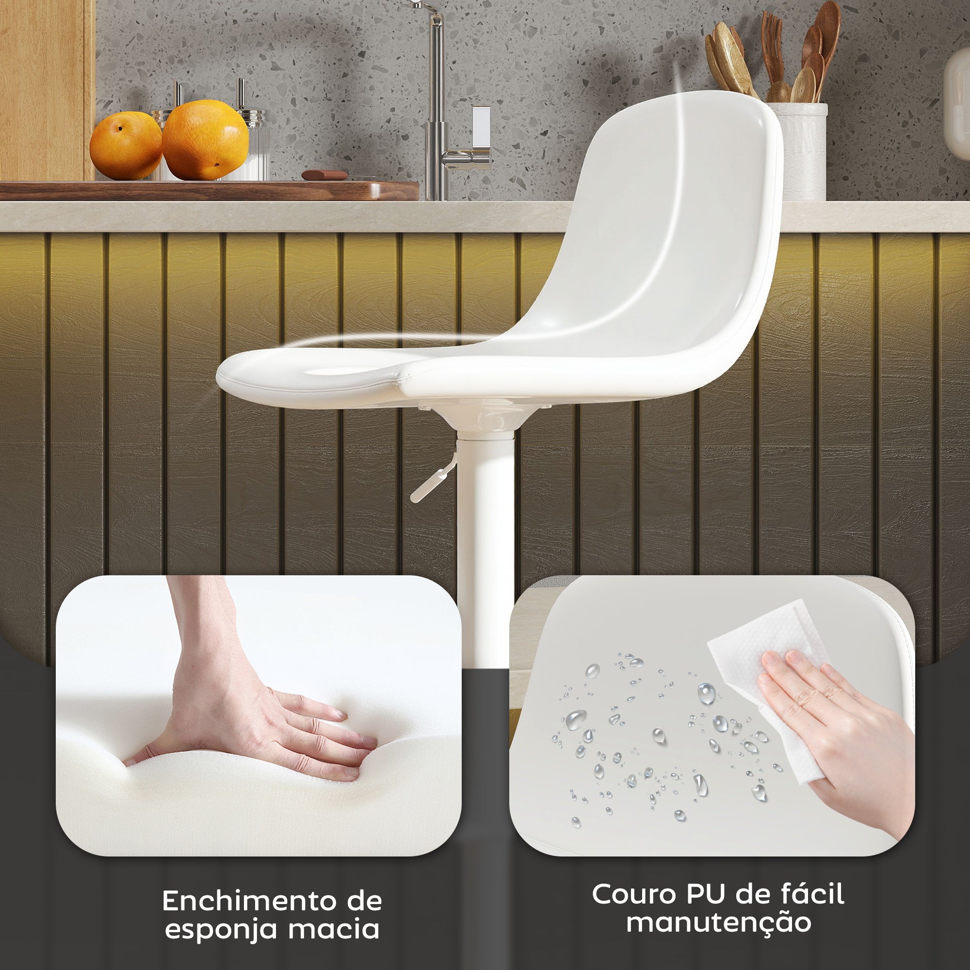 Conjunto de 2 Bancos Altos de Cozinha Brancos 40,5x44x84-104 cm