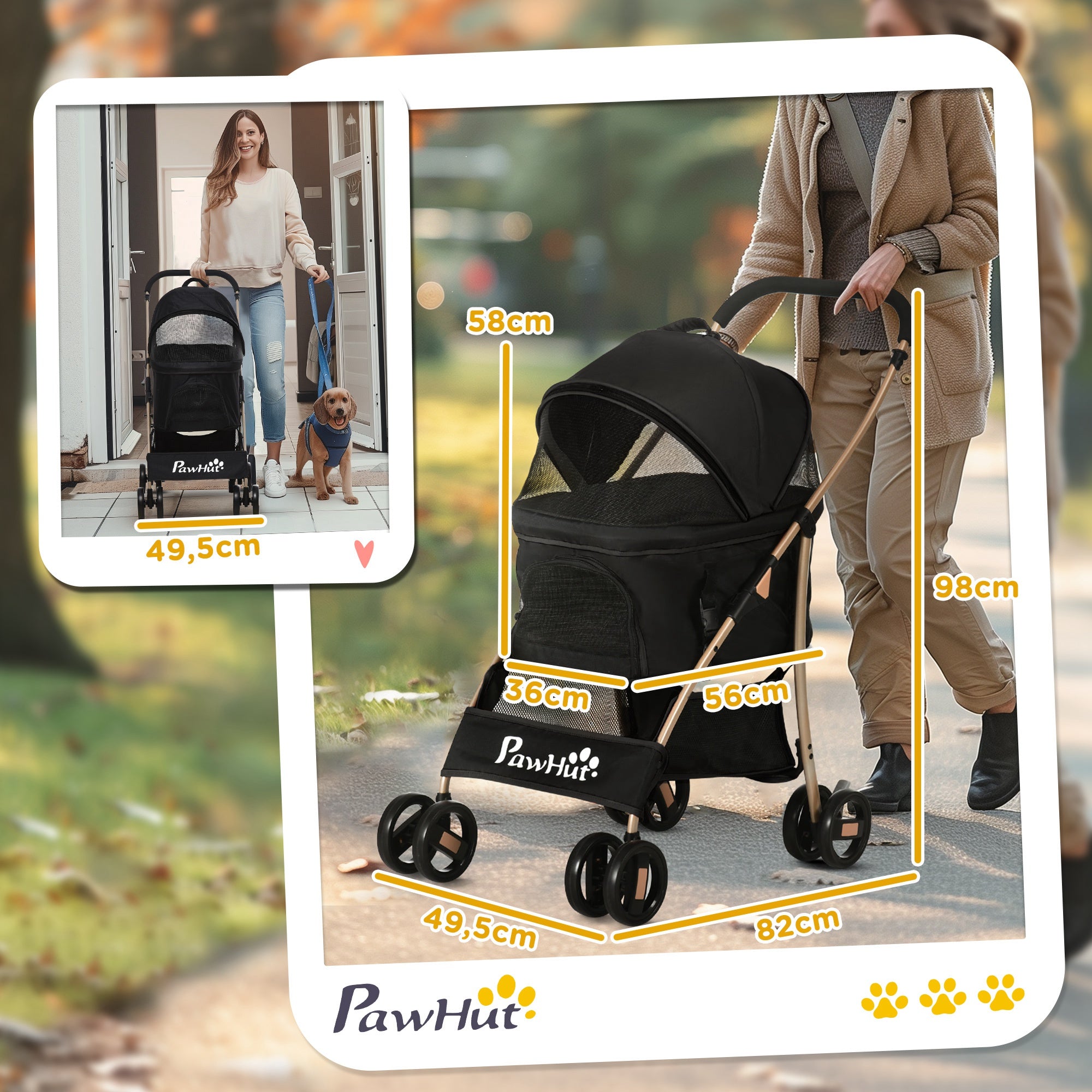 Carrinho para Animais de Estimação 3 em 1 – 82x49,5x98cm – Preto – Aço e Tecido Oxford