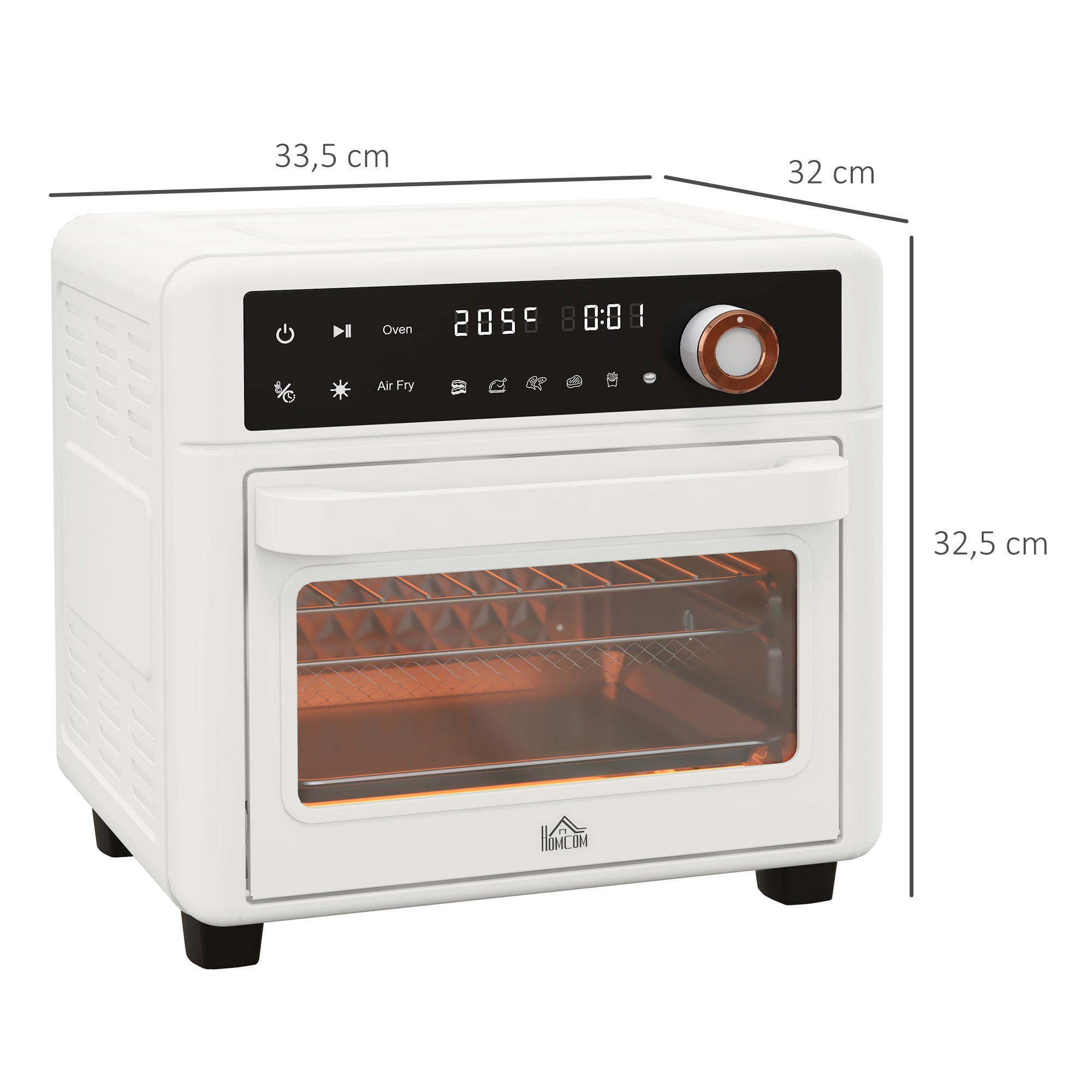 Mini Forno Elétrico Multifuncional – 33,5x32x32,5 cm – Branco – Metal, vidro temperado, aço inoxidável, esmalte
