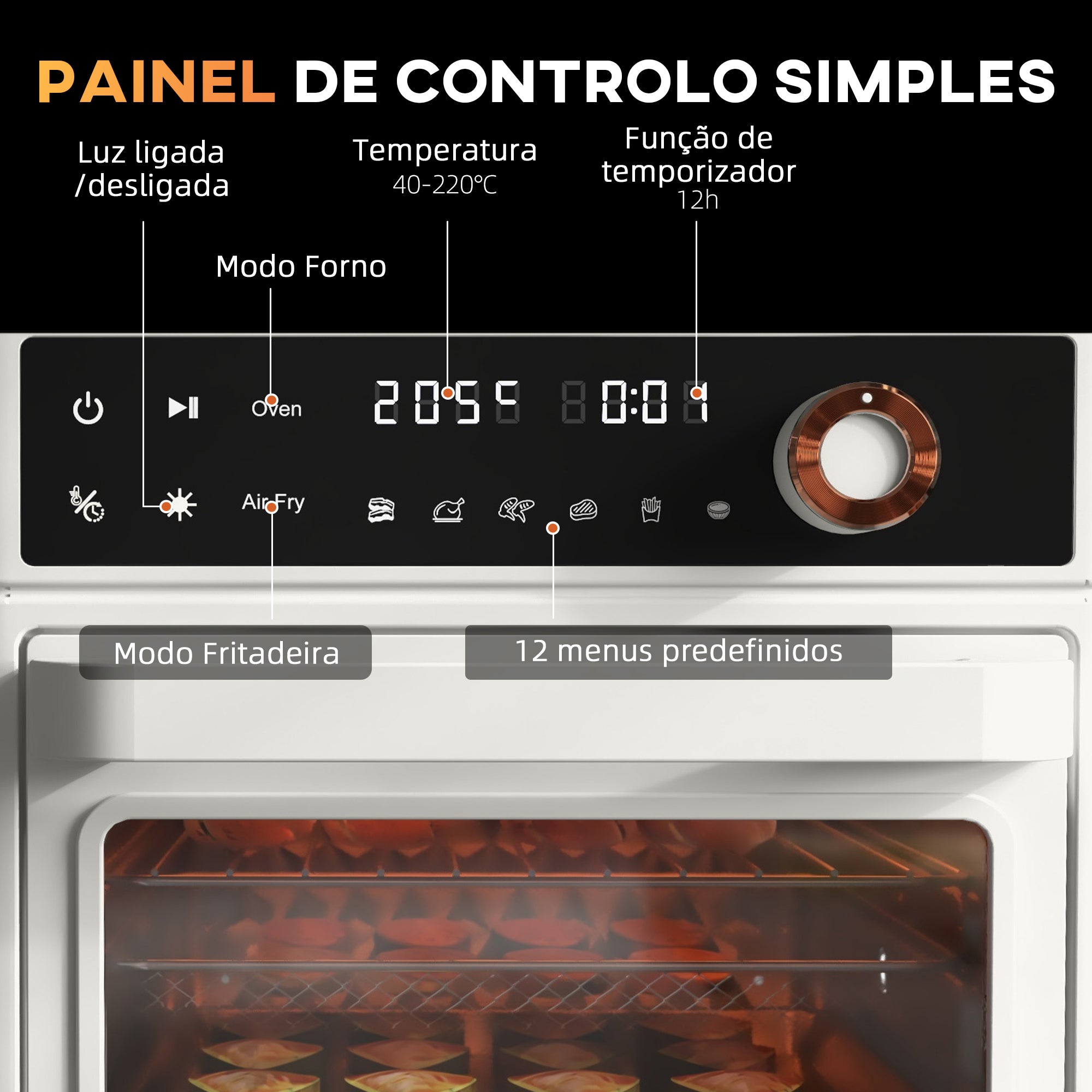 Mini Forno Elétrico Multifuncional – 33,5x32x32,5 cm – Branco – Metal, vidro temperado, aço inoxidável, esmalte