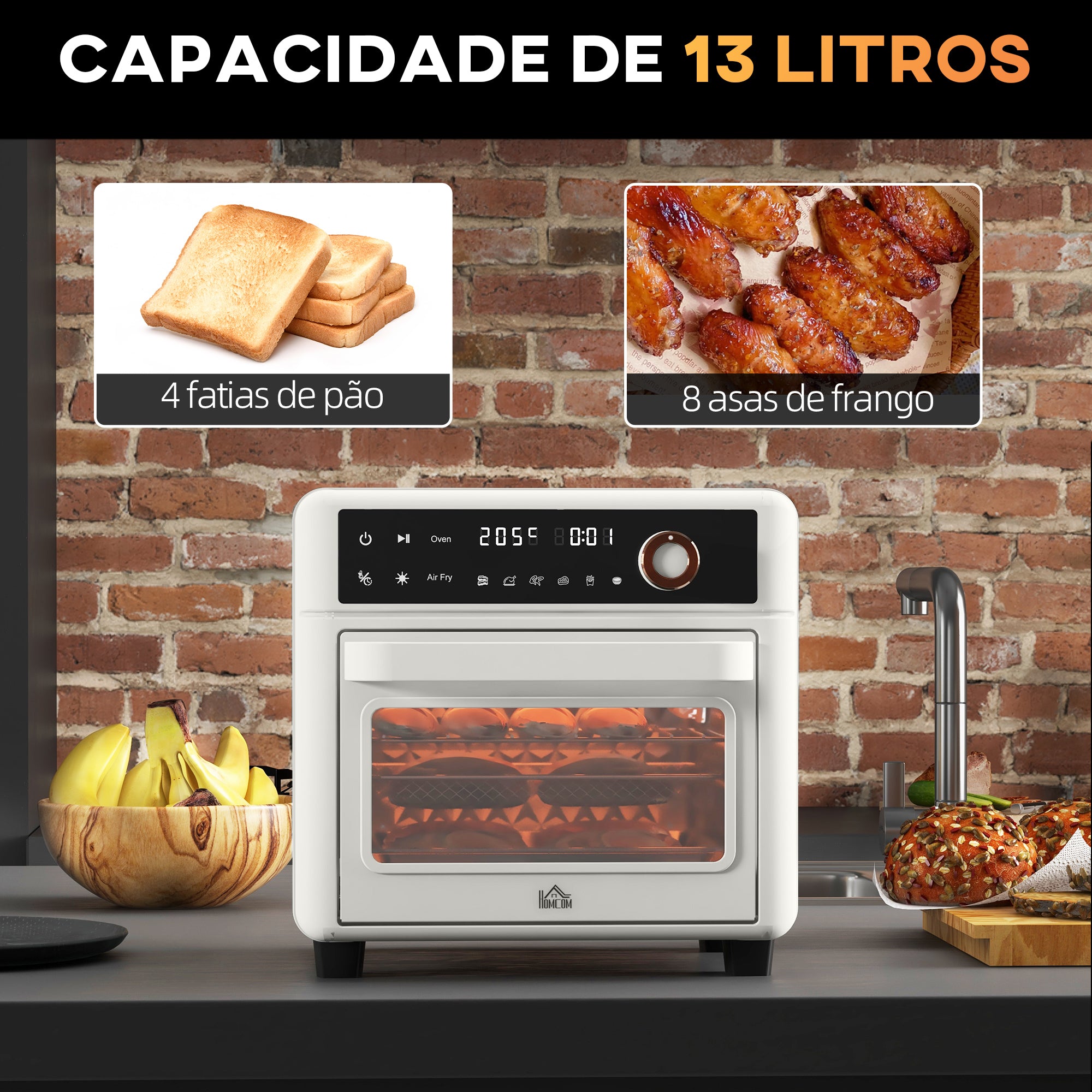 Mini Forno Elétrico Multifuncional – 33,5x32x32,5 cm – Branco – Metal, vidro temperado, aço inoxidável, esmalte