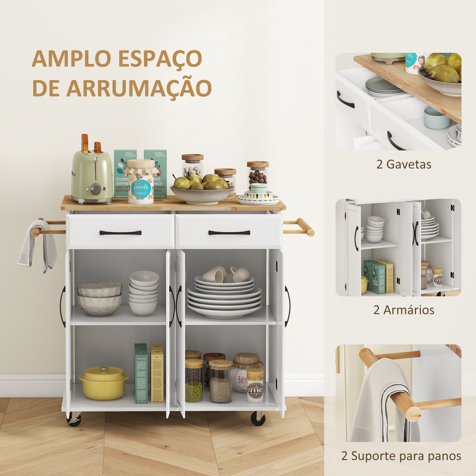Ilha de Cozinha Móvel 111x44,5x90,5 cm - Branco