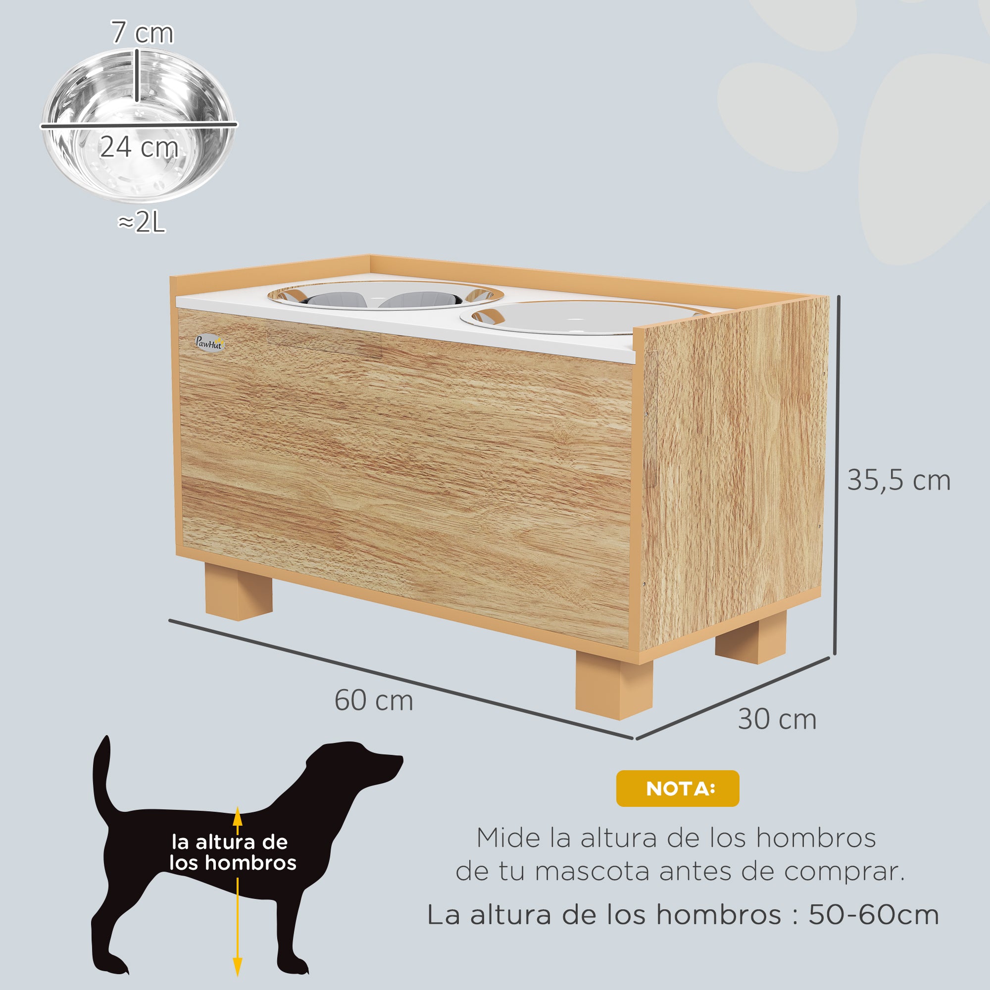 Comedouro Elevado para Cães Grandes – 60x30x35,5 cm – Cor de Madeira Natural – MDF e metal