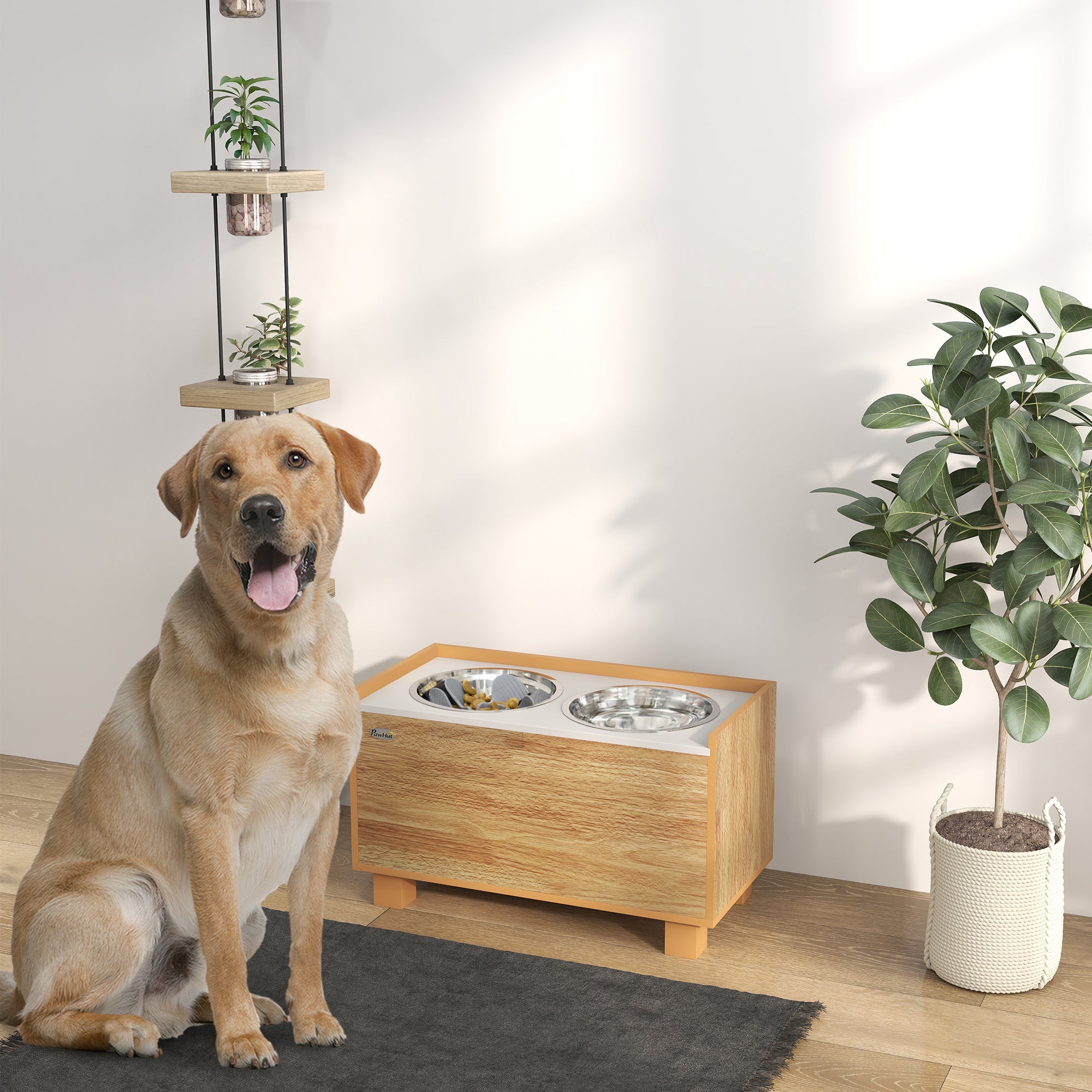 Comedouro Elevado para Cães Grandes – 60x30x35,5 cm – Cor de Madeira Natural – MDF e metal