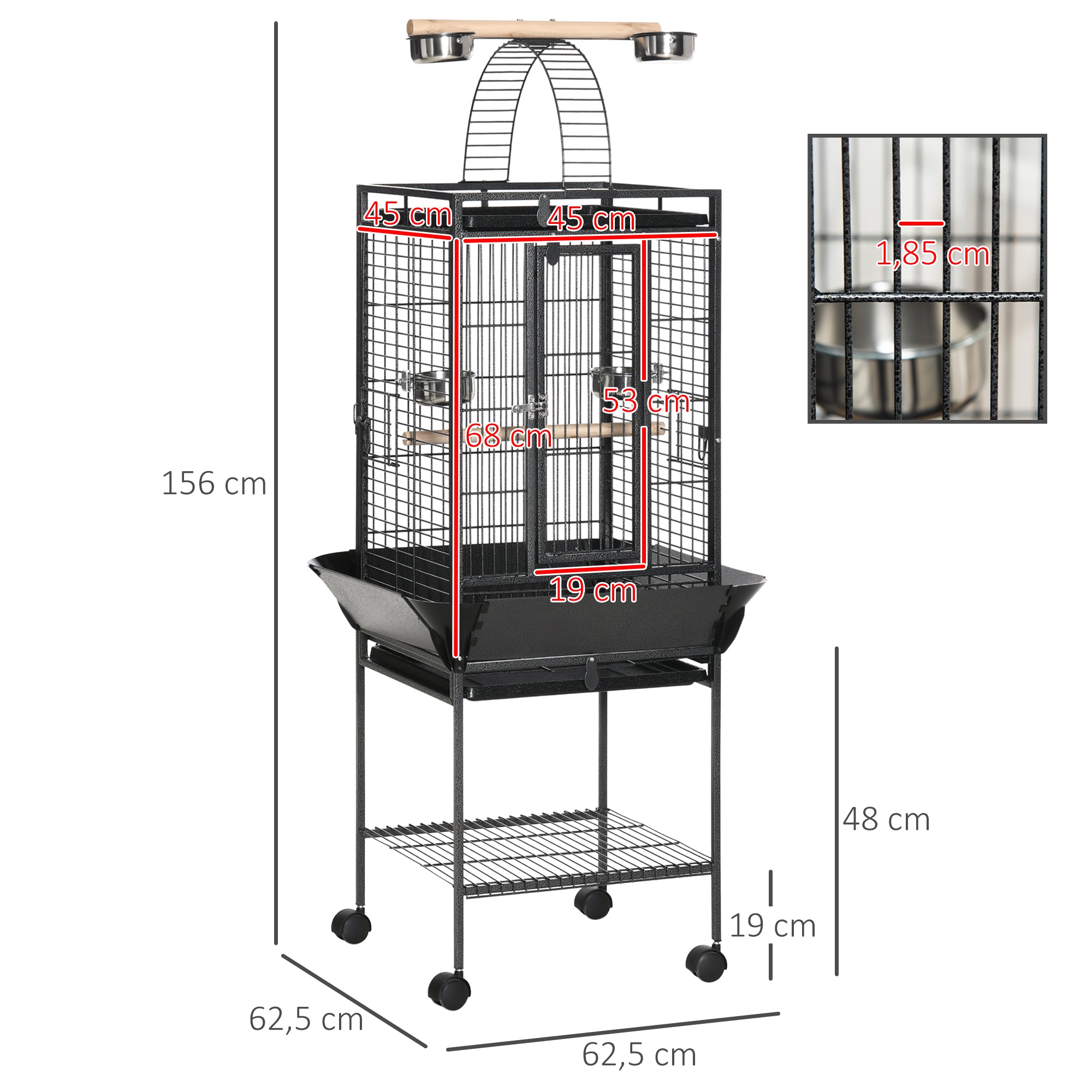 Gaiola para Pássaros – 64x64x155 cm – Cinzento – Aço