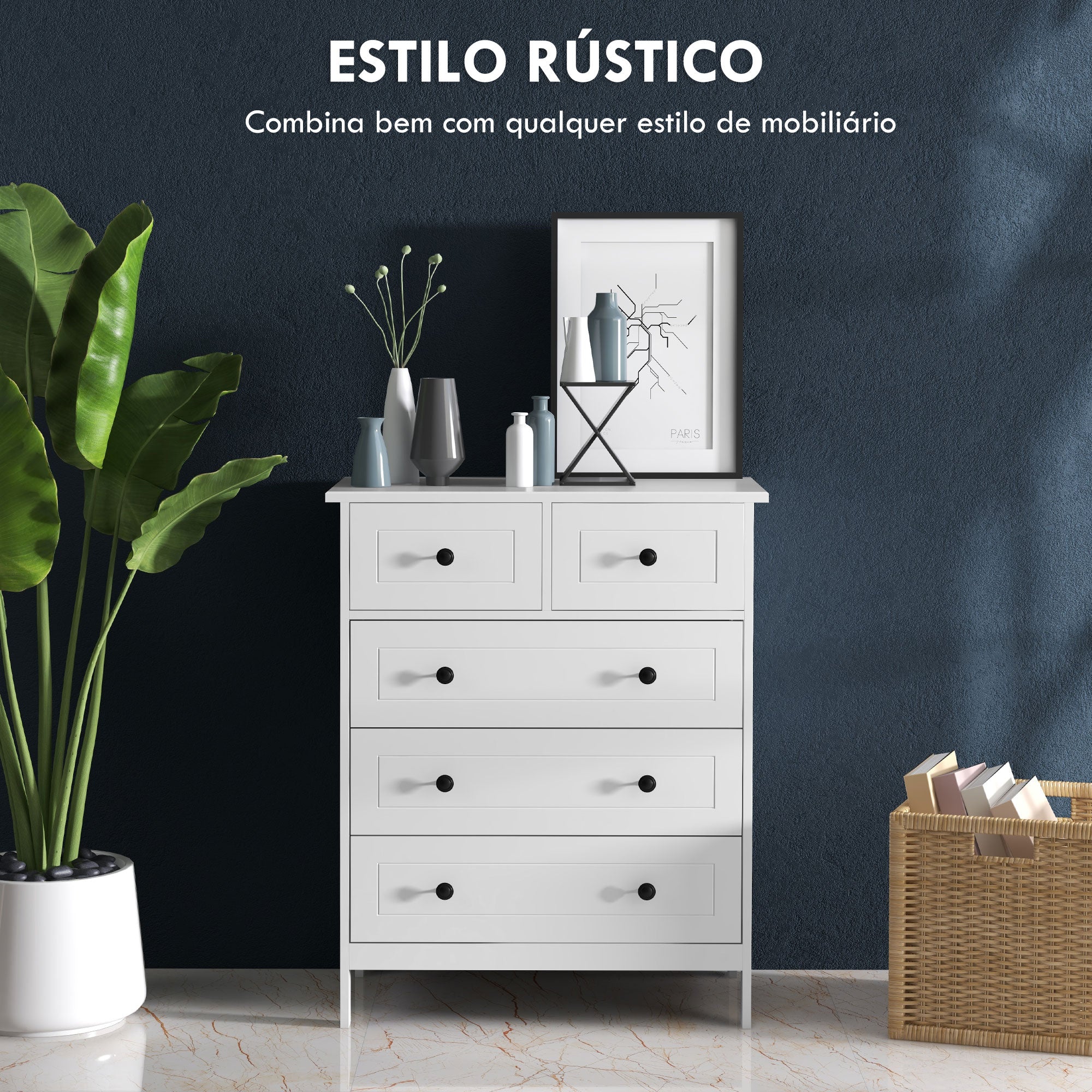 Cómoda Branca 74x40x91 cm com 5 Gavetas e Puxadores Elegantes