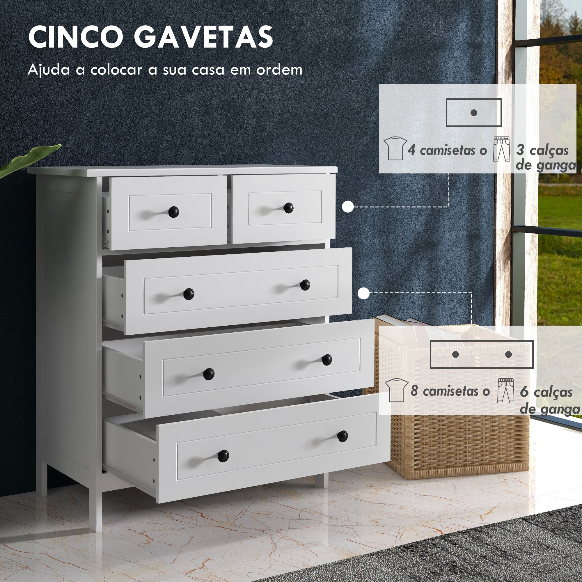 Cómoda Branca 74x40x91 cm com 5 Gavetas e Puxadores Elegantes