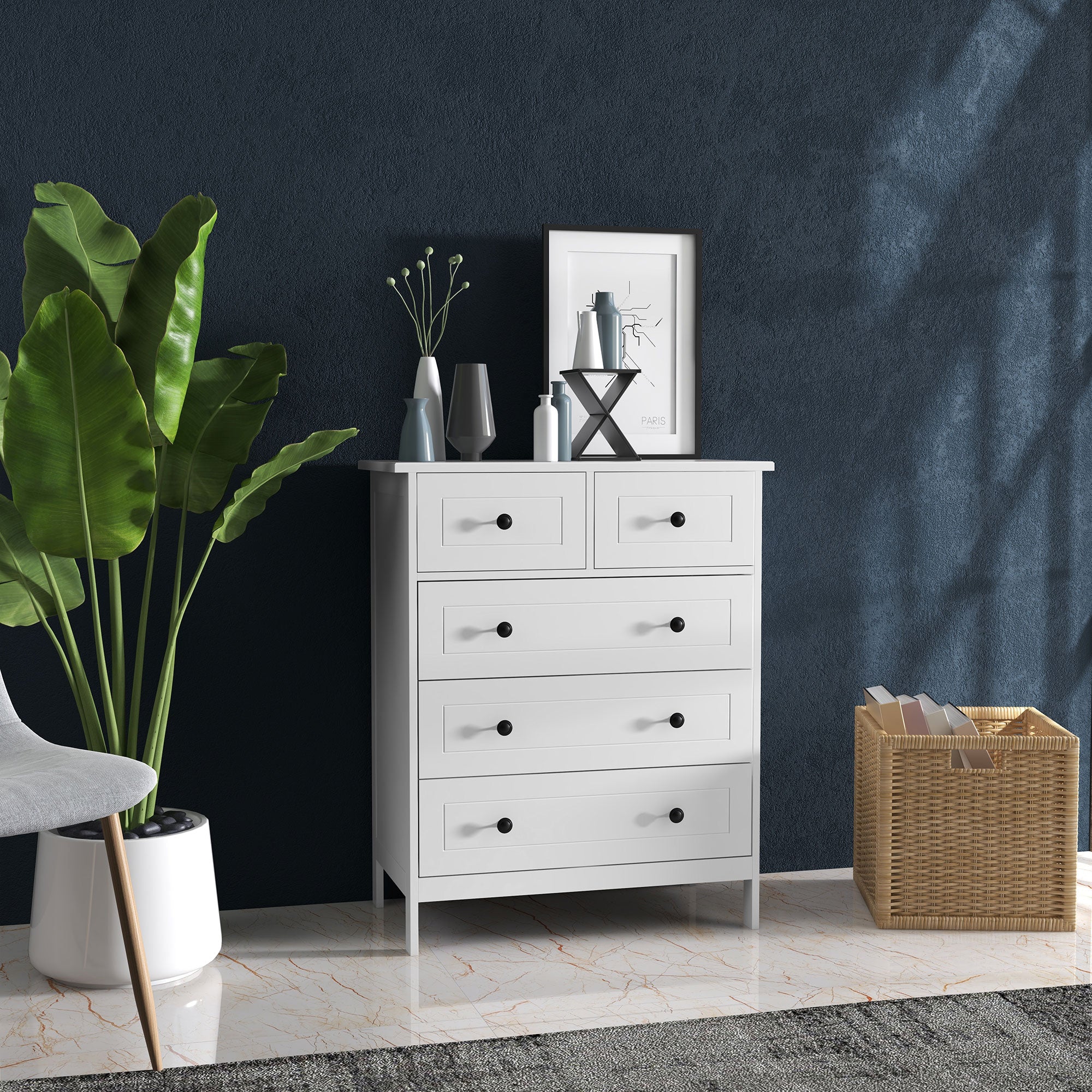 Cómoda Branca 74x40x91 cm com 5 Gavetas e Puxadores Elegantes