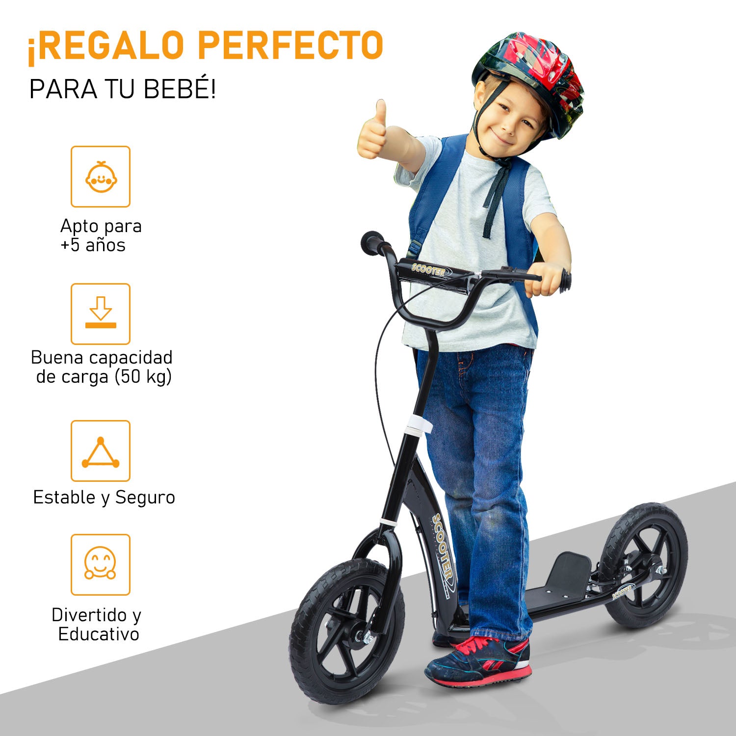 Trotinete Infantil com 2 Rodas de 12 Polegadas - Cor Preto - 120x52x80-88cm