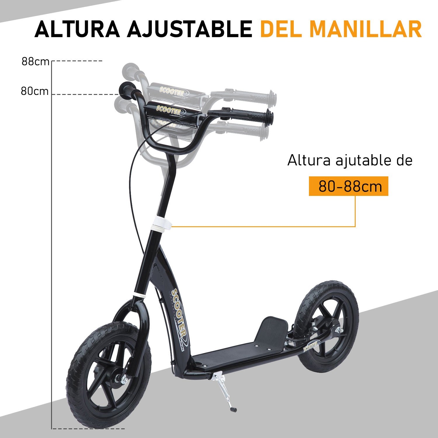 Trotinete Infantil com 2 Rodas de 12 Polegadas - Cor Preto - 120x52x80-88cm