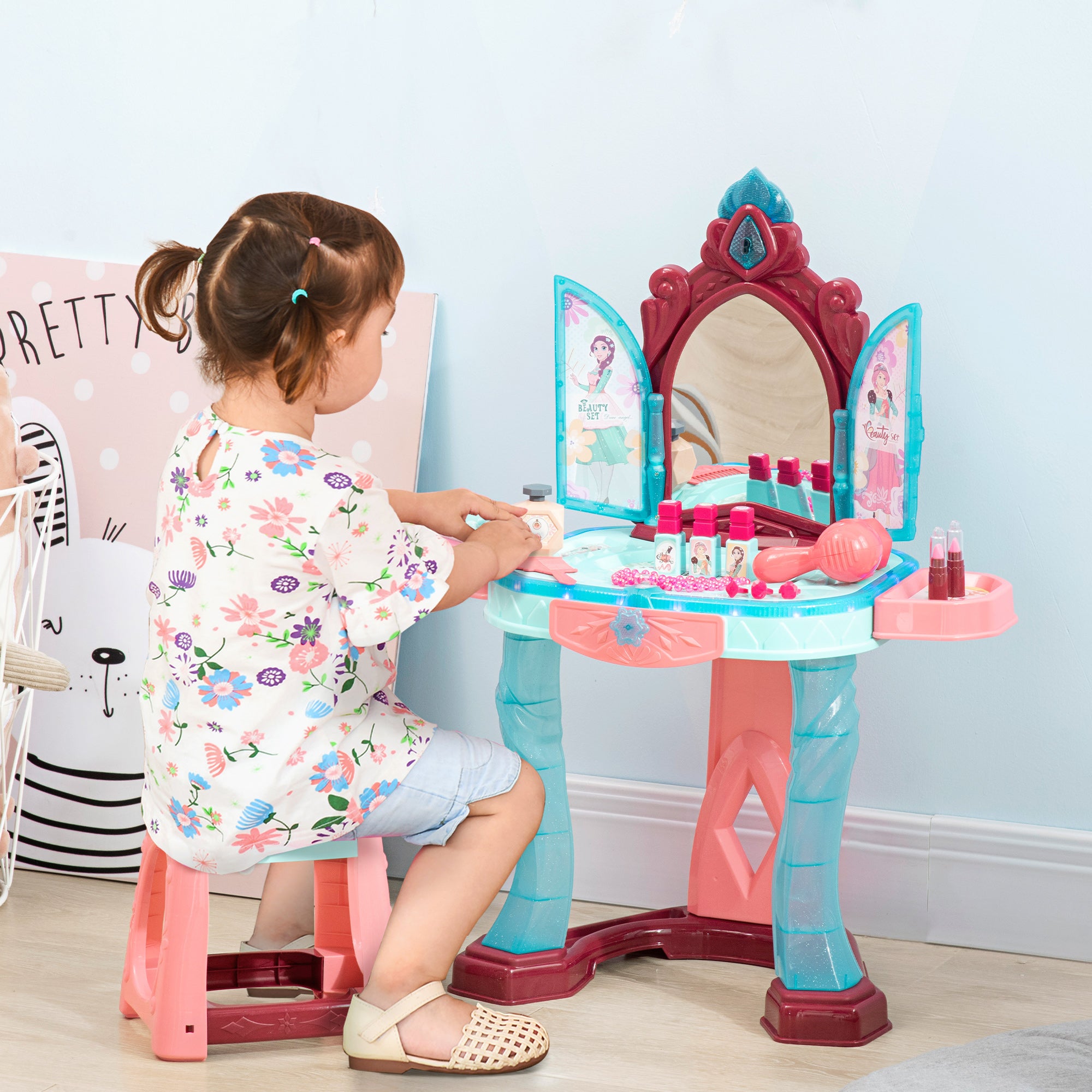 Toucador Infantil Multicor 57x34x76 cm com Banco, Espelho, Luz e Música - Inclui 31 Acessórios