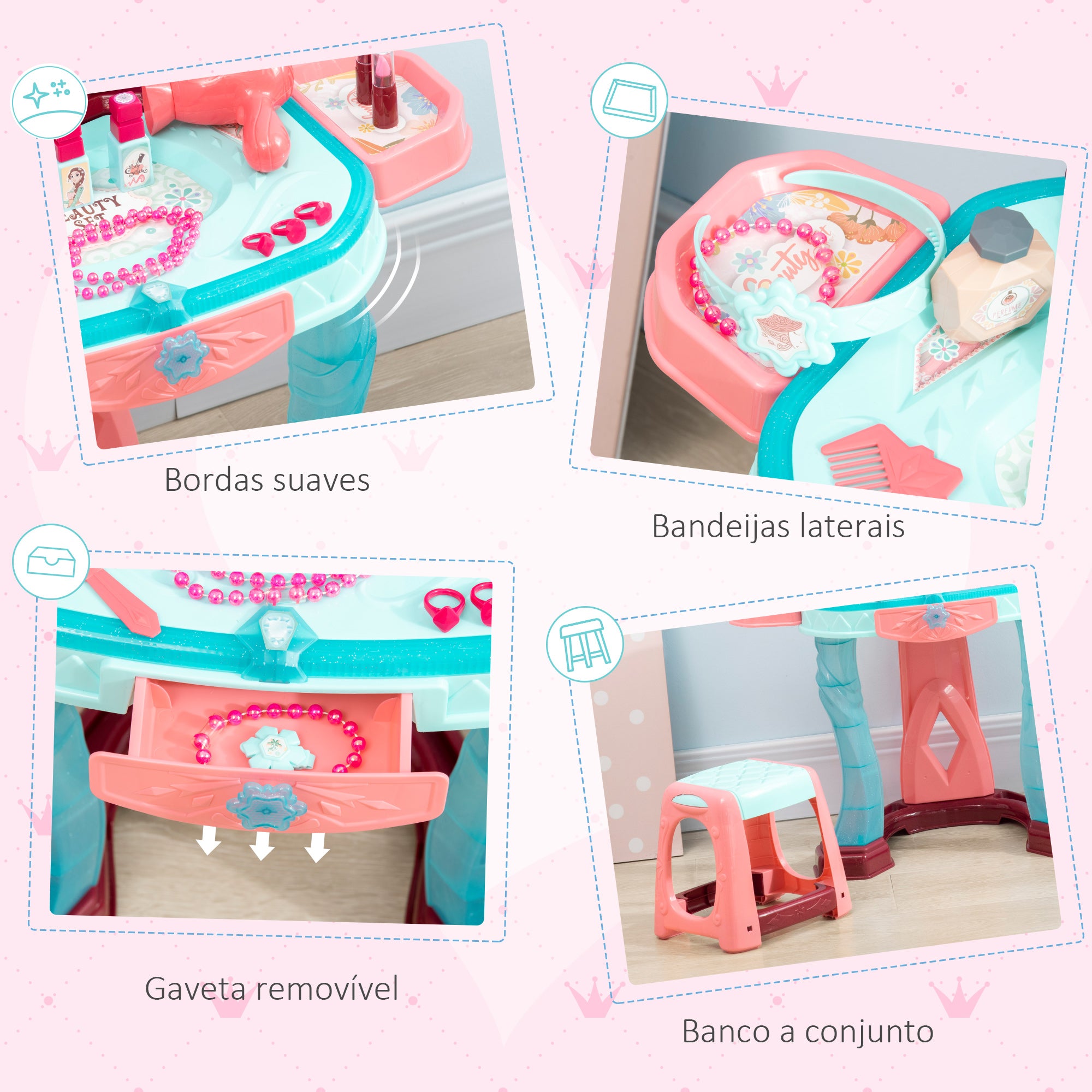 Toucador Infantil Multicor 57x34x76 cm com Banco, Espelho, Luz e Música - Inclui 31 Acessórios