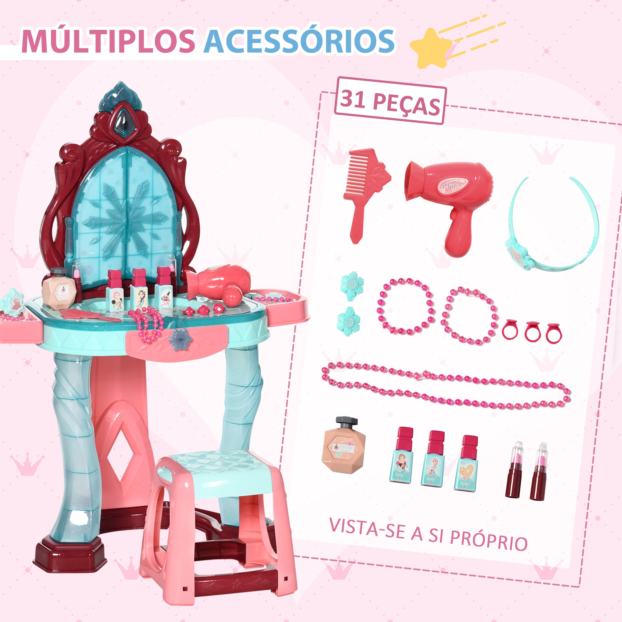 Toucador Infantil Multicor 57x34x76 cm com Banco, Espelho, Luz e Música - Inclui 31 Acessórios