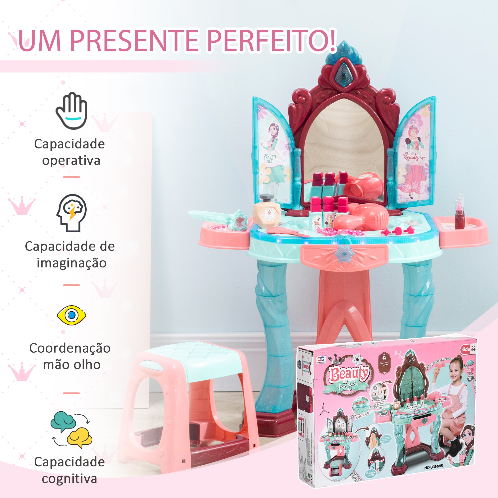 Toucador Infantil Multicor 57x34x76 cm com Banco, Espelho, Luz e Música - Inclui 31 Acessórios