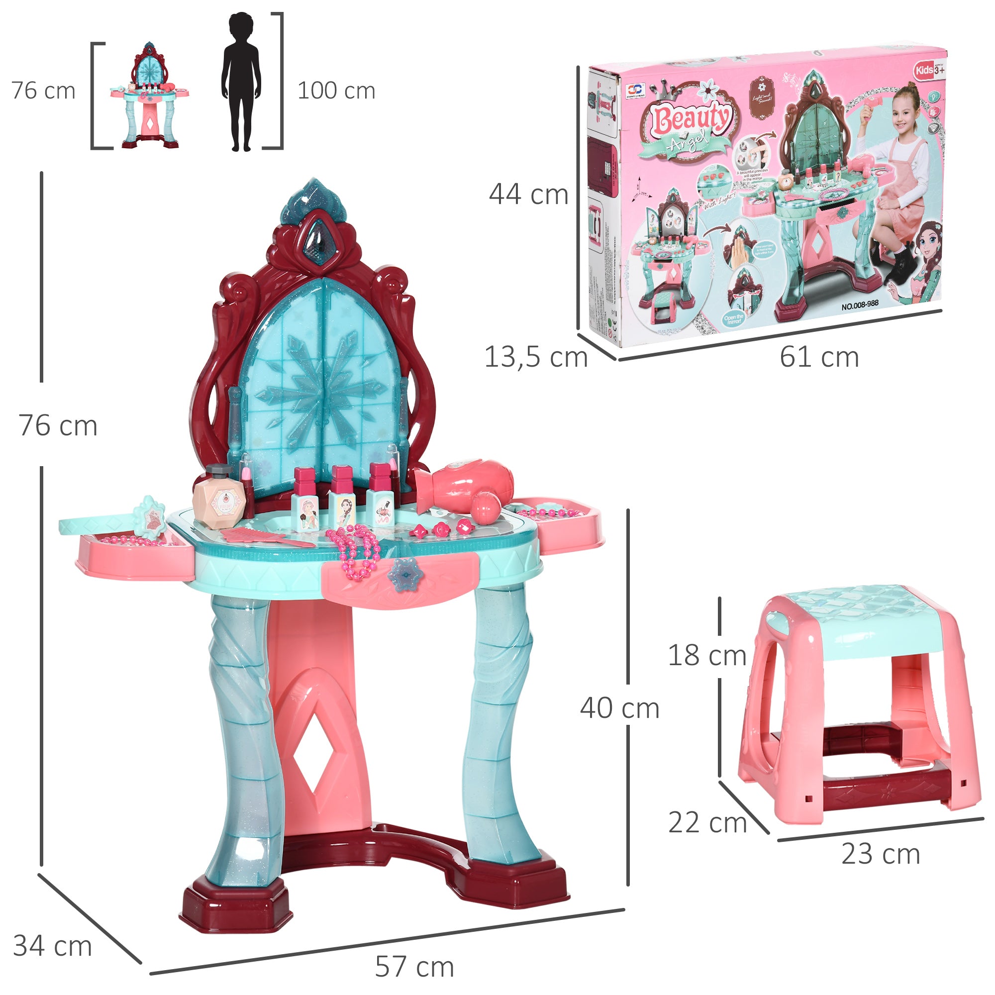Toucador Infantil Multicor 57x34x76 cm com Banco, Espelho, Luz e Música - Inclui 31 Acessórios