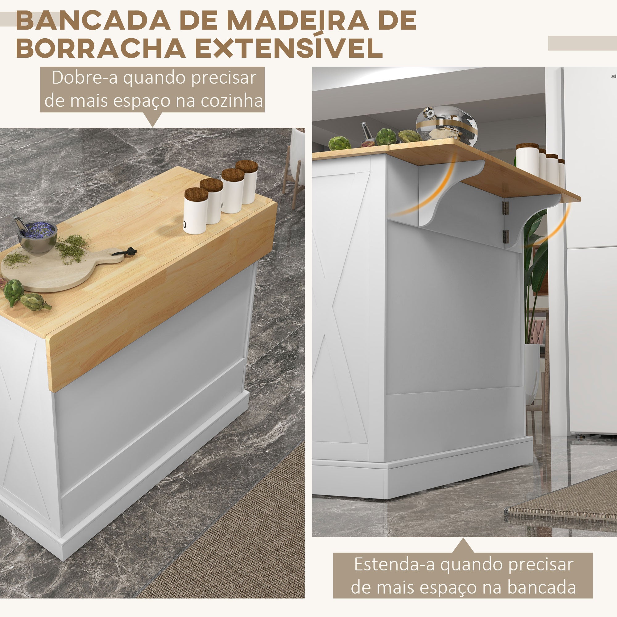 Ilha de Cozinha Carrinho com Bancada de Madeira – 105x60x90,5 cm – Branco e Madeira – MDF e Madeira de Borracha
