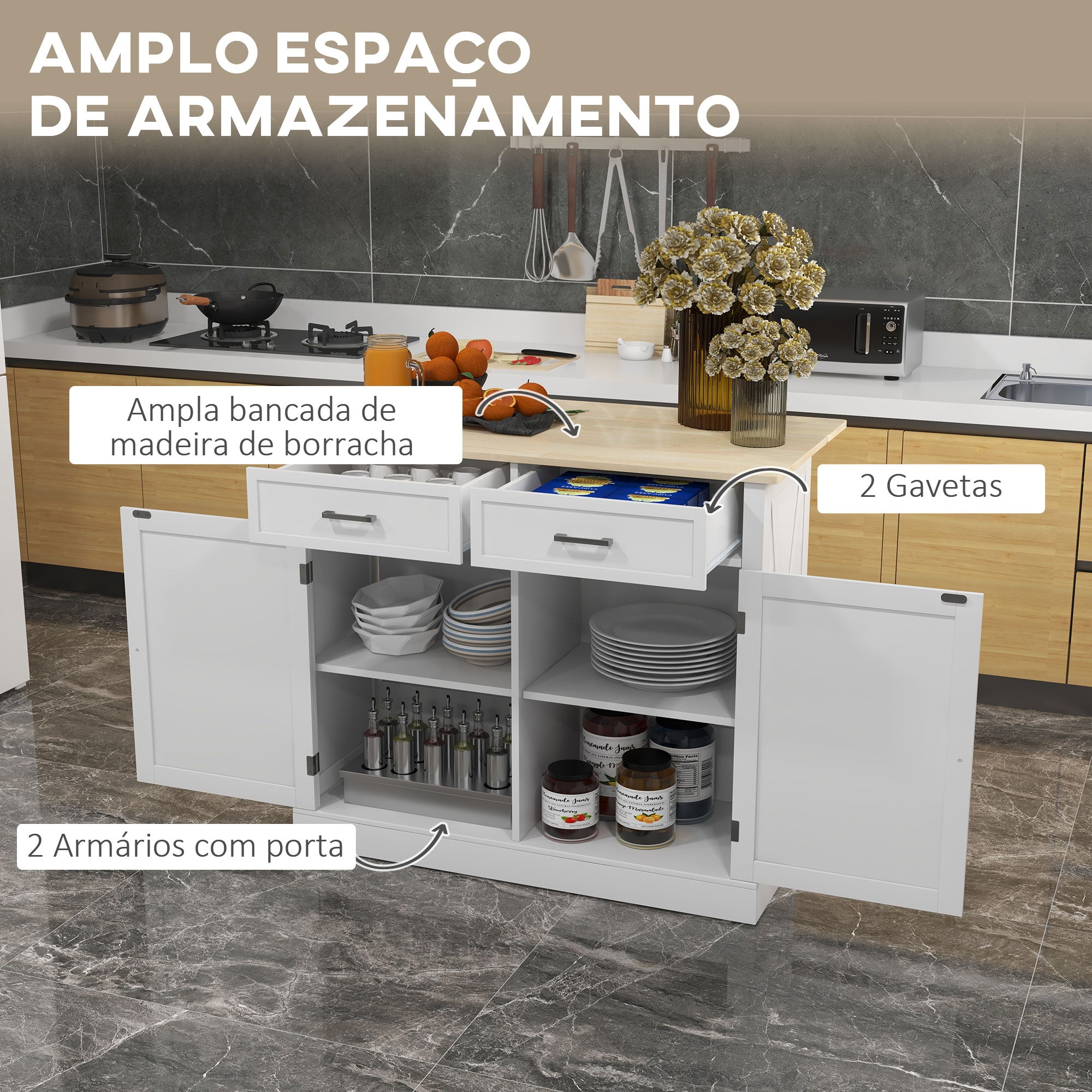 Ilha de Cozinha Carrinho com Bancada de Madeira – 105x60x90,5 cm – Branco e Madeira – MDF e Madeira de Borracha