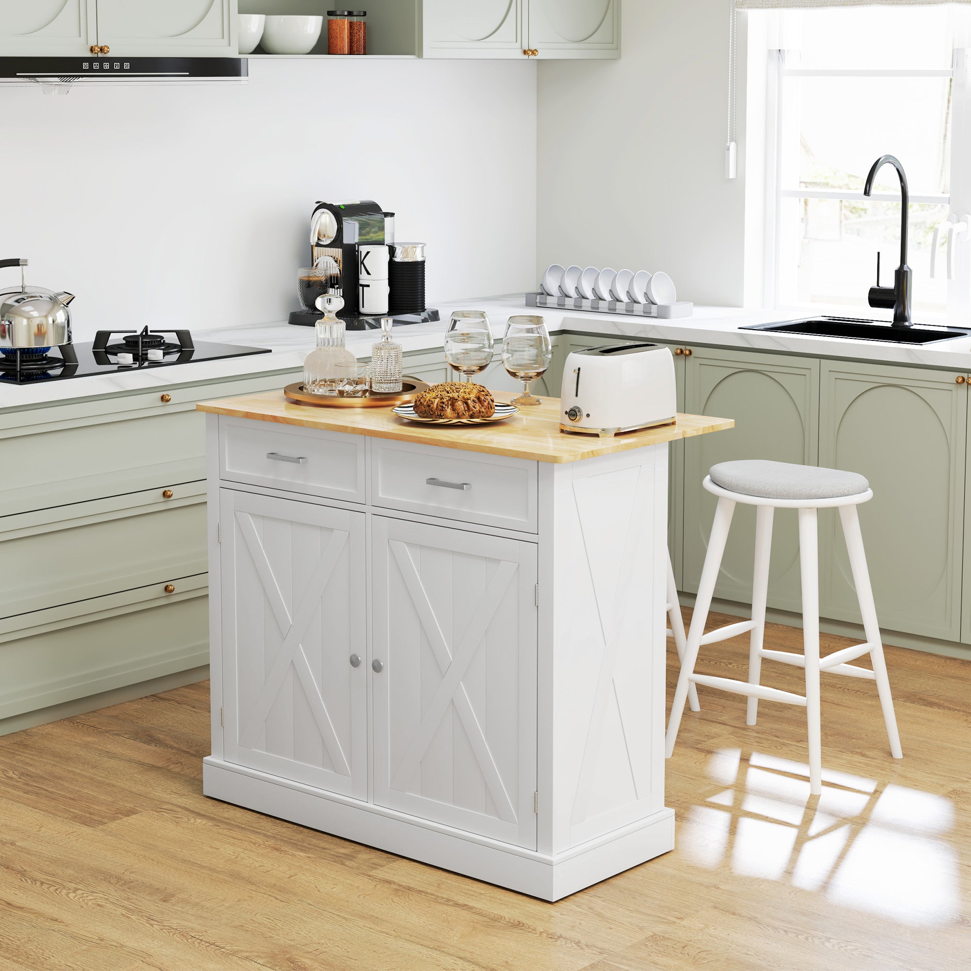 Ilha de Cozinha Carrinho com Bancada de Madeira – 105x60x90,5 cm – Branco e Madeira – MDF e Madeira de Borracha