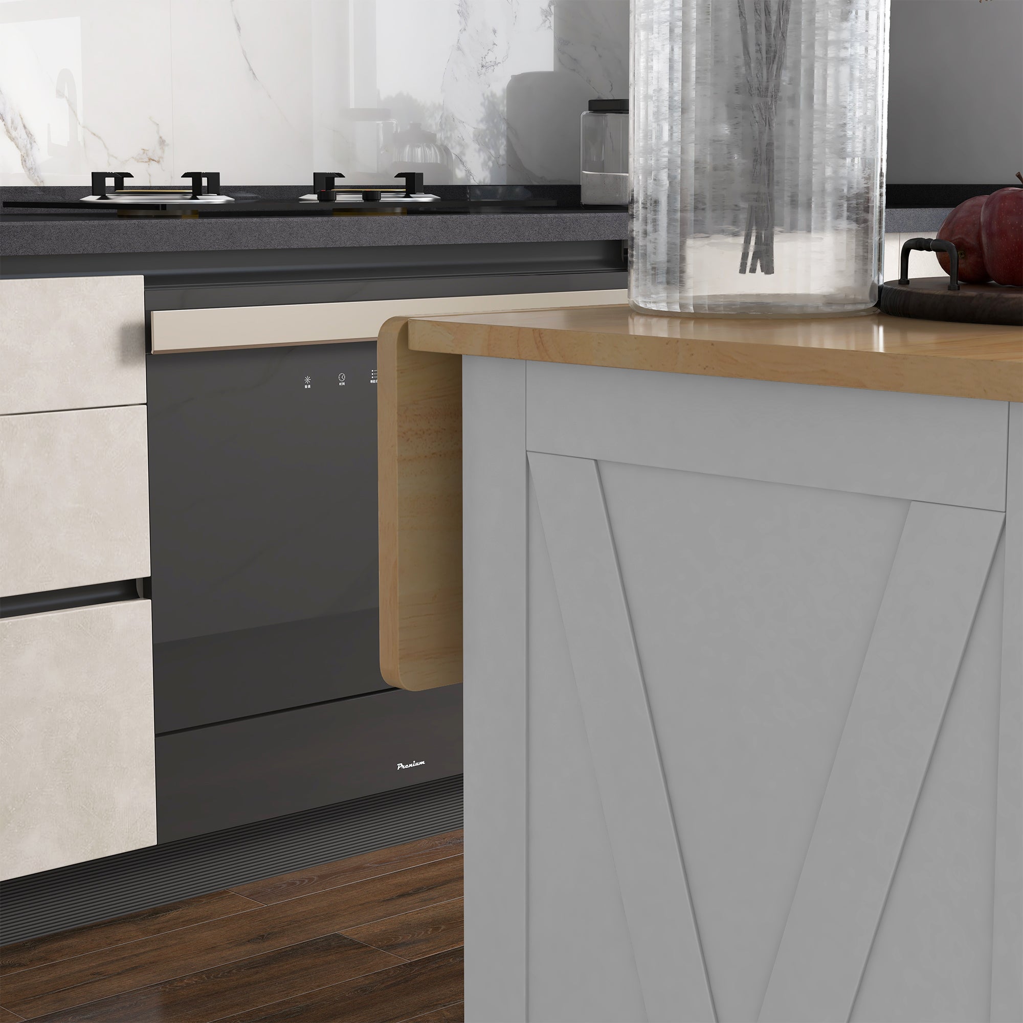 Ilha de Cozinha Carrinho com Bancada de Madeira – 105x60x90,5 cm – Branco e Madeira – MDF e Madeira de Borracha