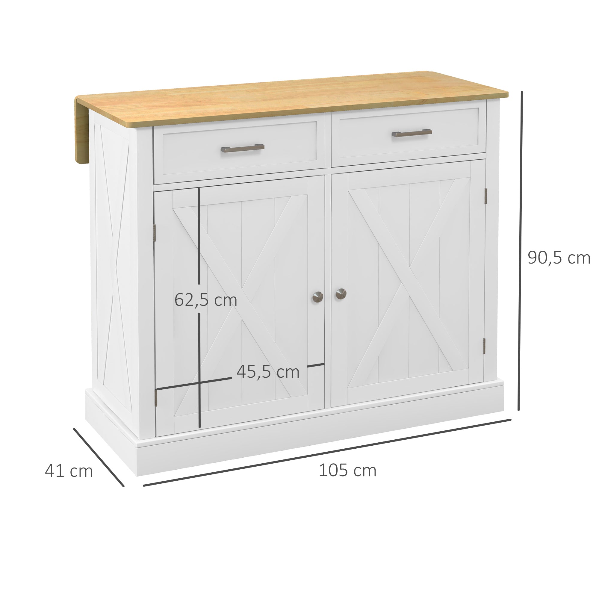 Ilha de Cozinha Carrinho com Bancada de Madeira – 105x60x90,5 cm – Branco e Madeira – MDF e Madeira de Borracha