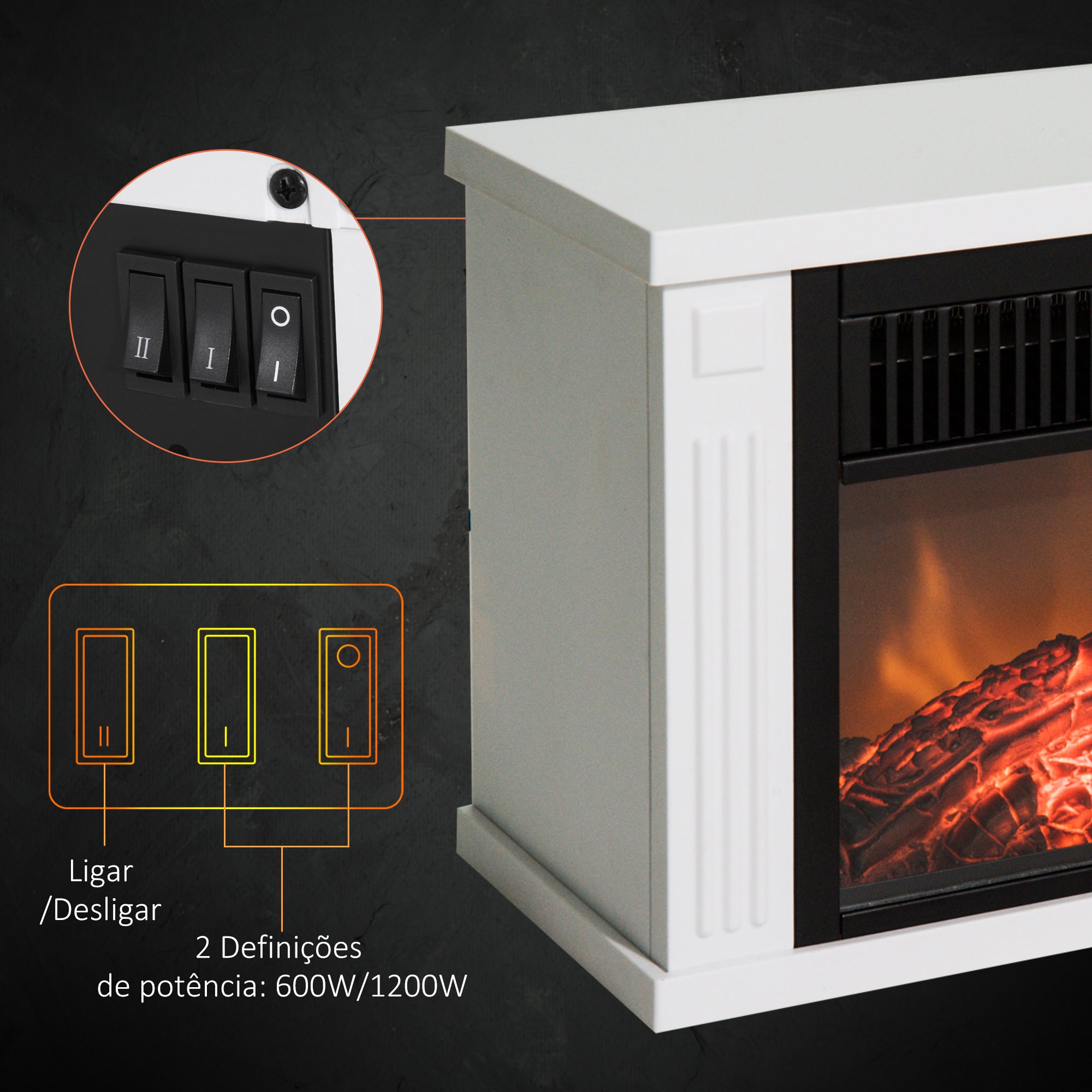 Lareira Elétrica Compacta Branca 34x17x25cm - Efeito de Chama Realista