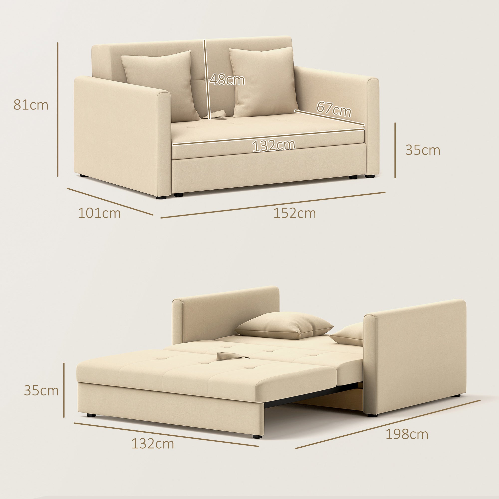 Sofá Cama Duplo Moderno em Algodão Bege 152x101x81 cm