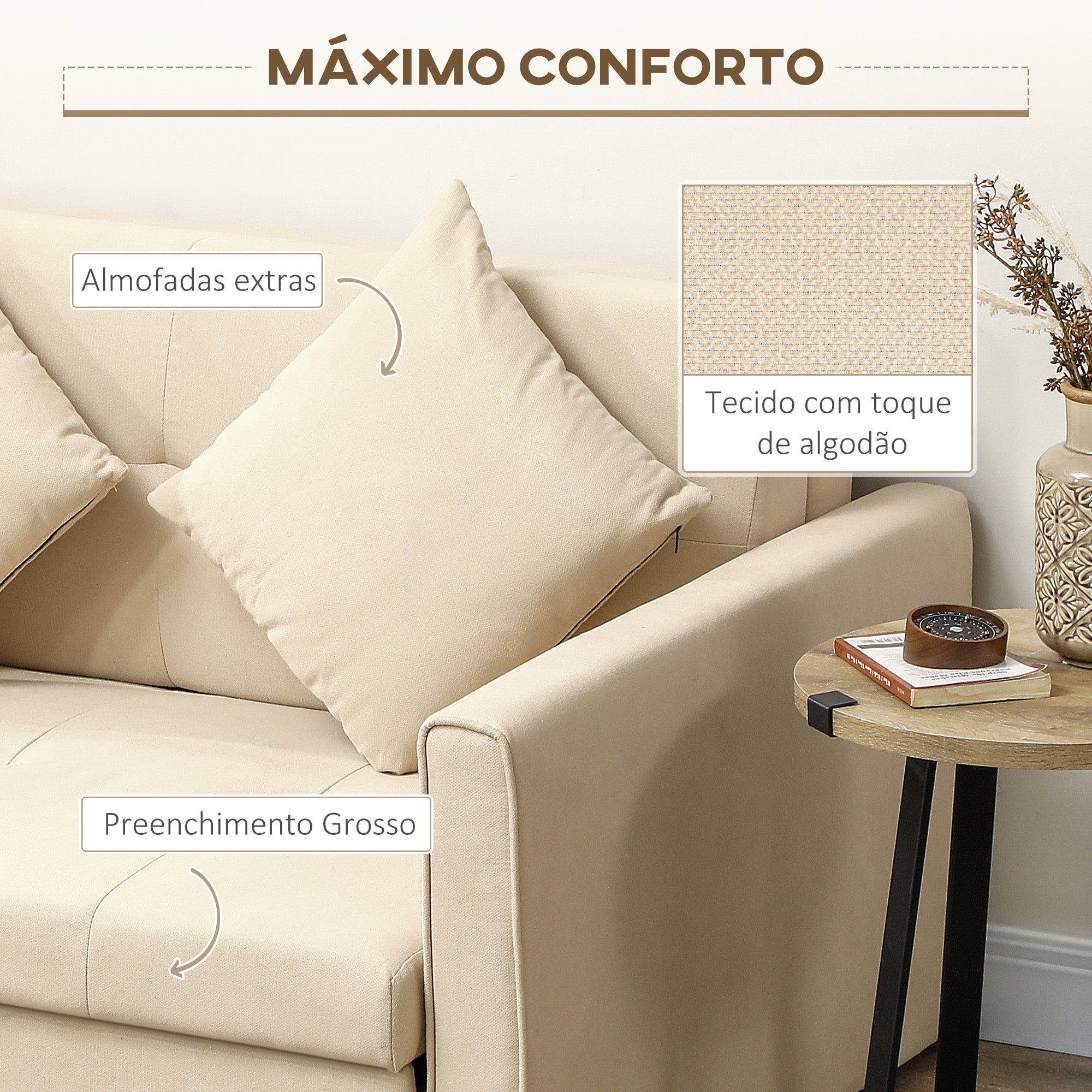 Sofá Cama Duplo Moderno em Algodão Bege 152x101x81 cm