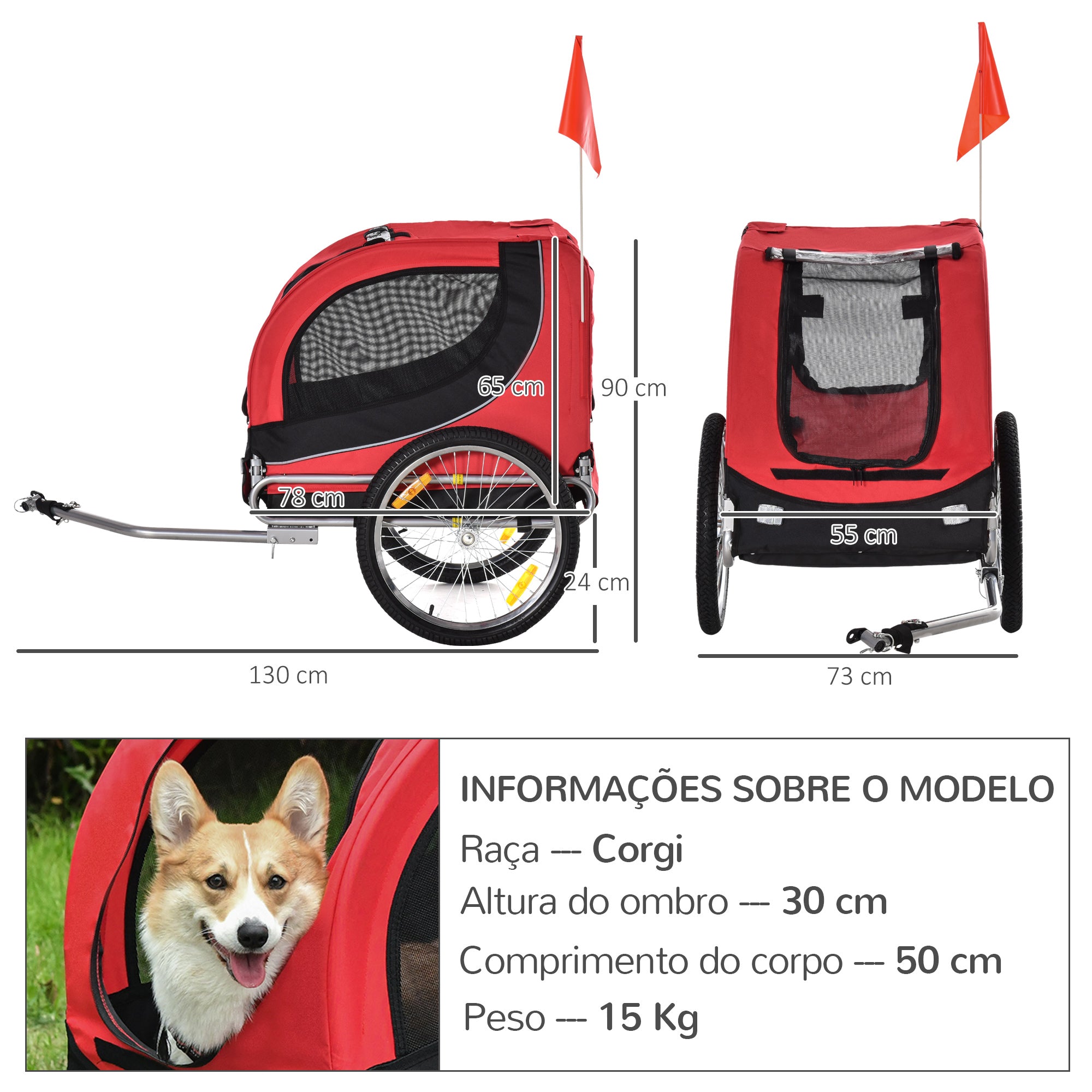 Reboque de Bicicleta para Cães 130x73x90cm Vermelho e Preto