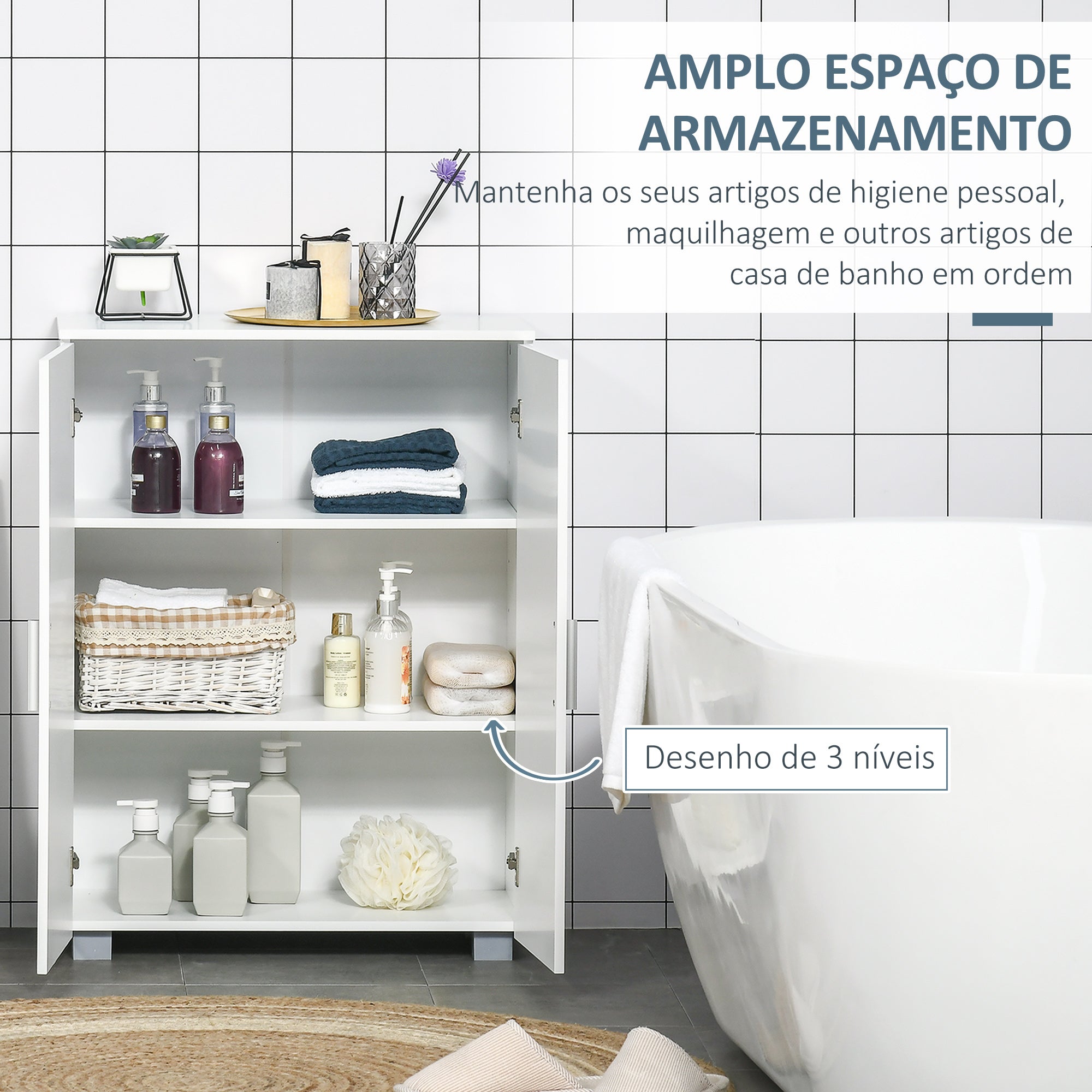 Armário de Casa de Banho Branco com 2 Portas e 2 Prateleiras Ajustáveis 60x30x80cm