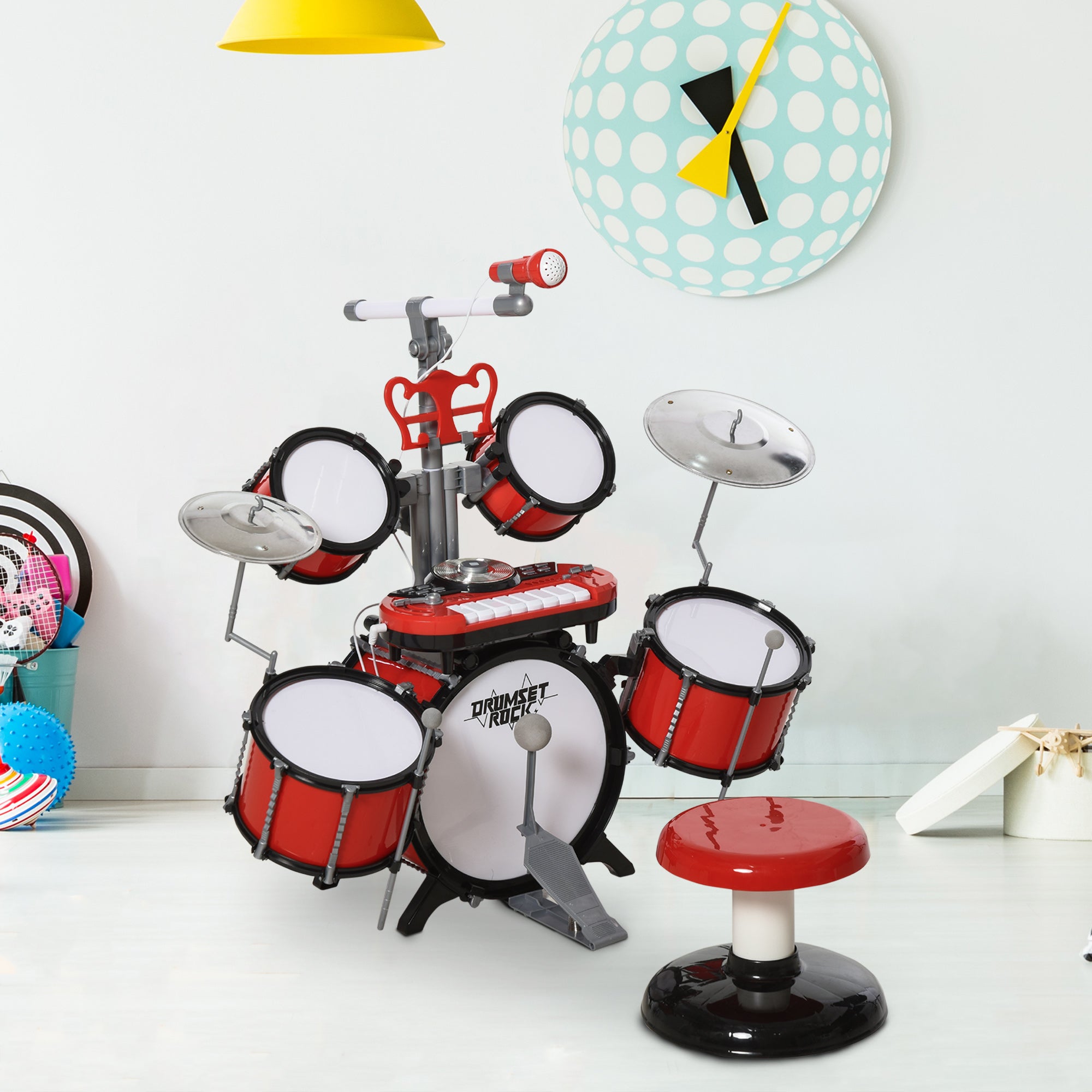 Bateria Infantil com Teclado e Microfone Vermelho 77,5x40x76,5 cm