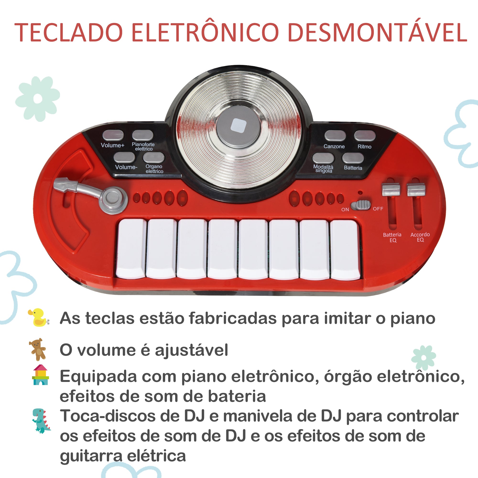 Bateria Infantil com Teclado e Microfone Vermelho 77,5x40x76,5 cm
