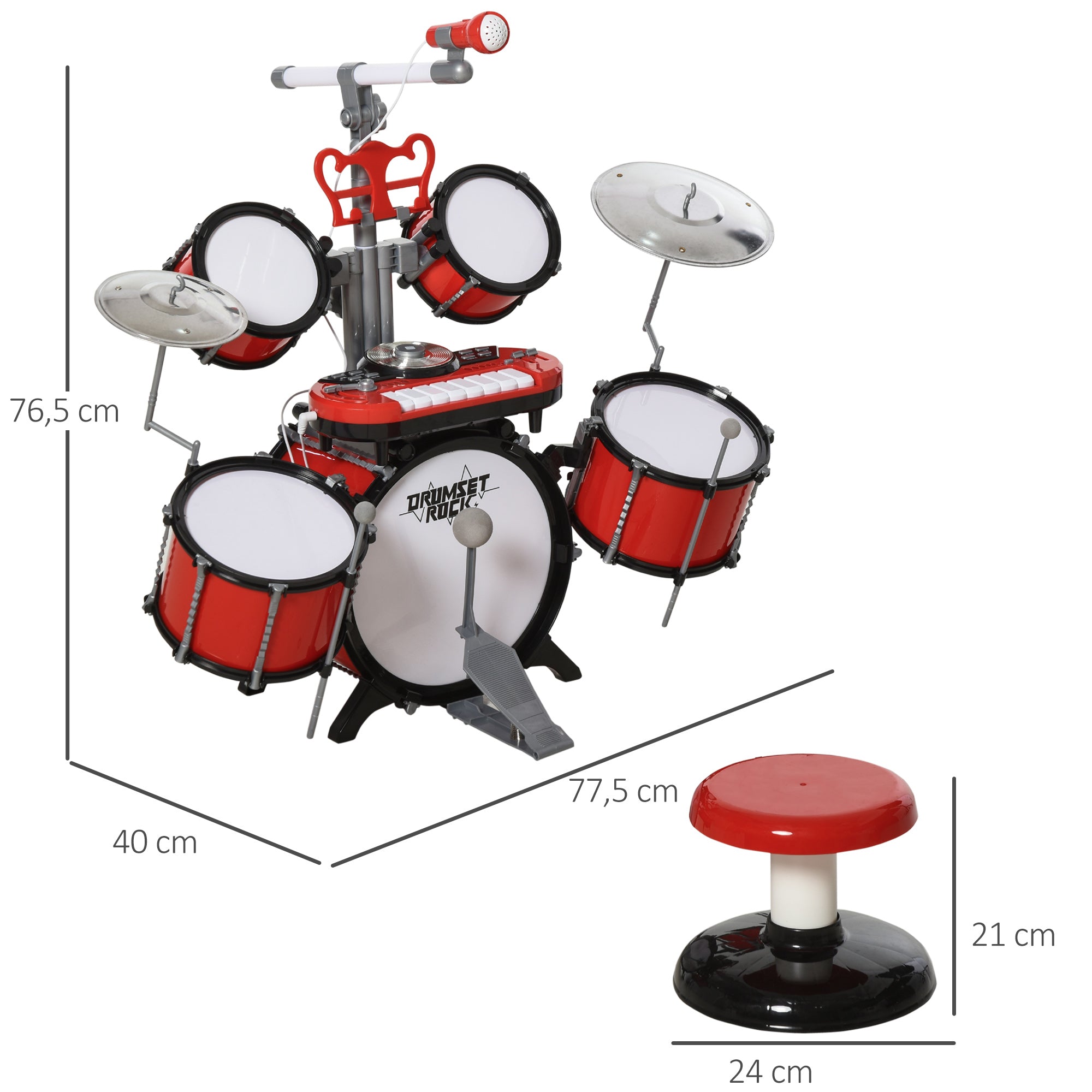 Bateria Infantil com Teclado e Microfone Vermelho 77,5x40x76,5 cm