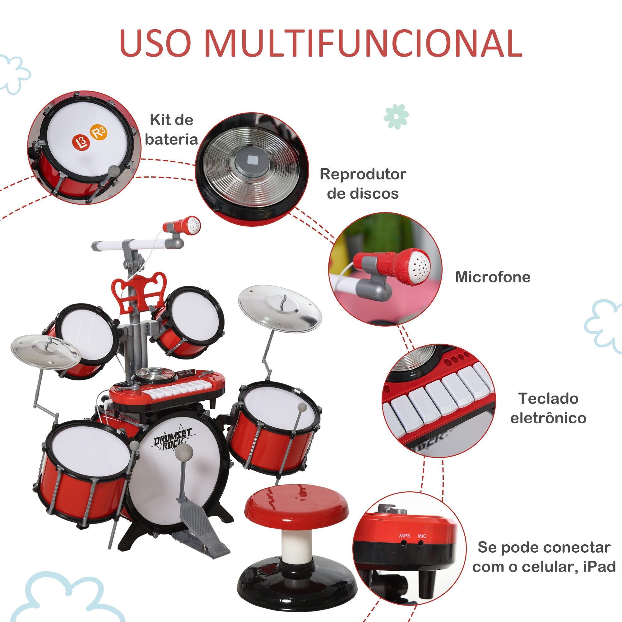 Bateria Infantil com Teclado e Microfone Vermelho 77,5x40x76,5 cm