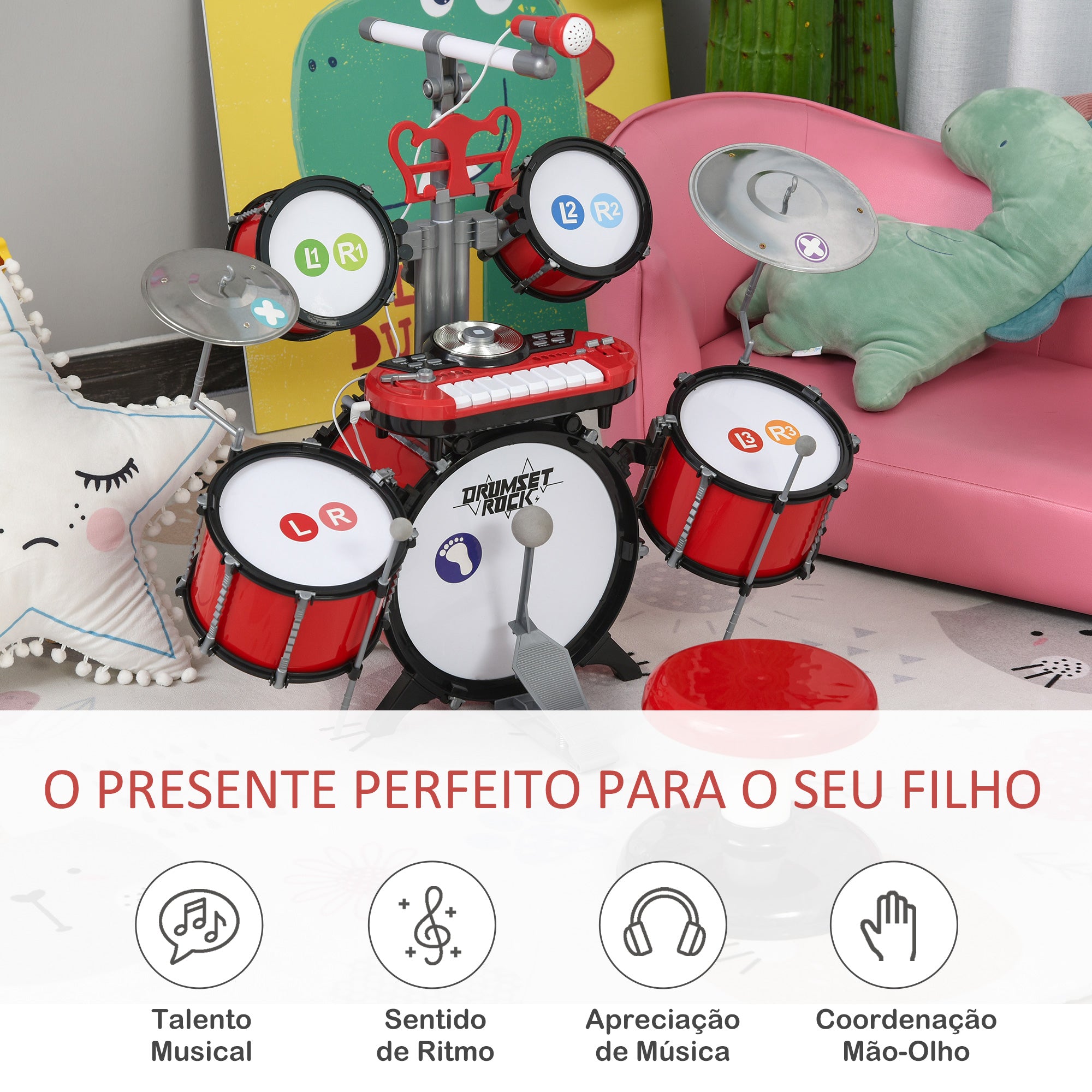 Bateria Infantil com Teclado e Microfone Vermelho 77,5x40x76,5 cm