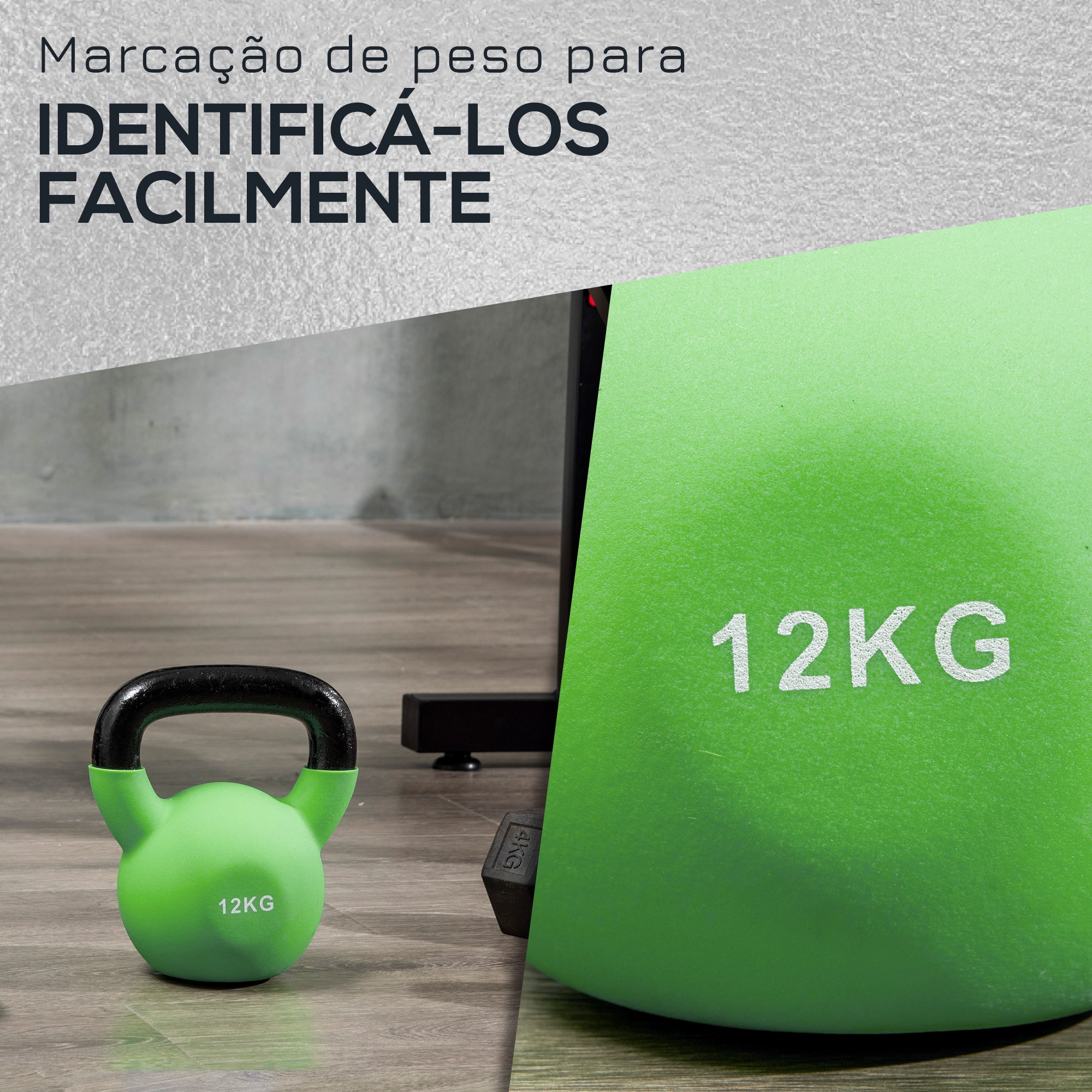 Kettlebell de 12kg Verde em Ferro Fundido com Revestimento de Neoprene - 20x13x23cm