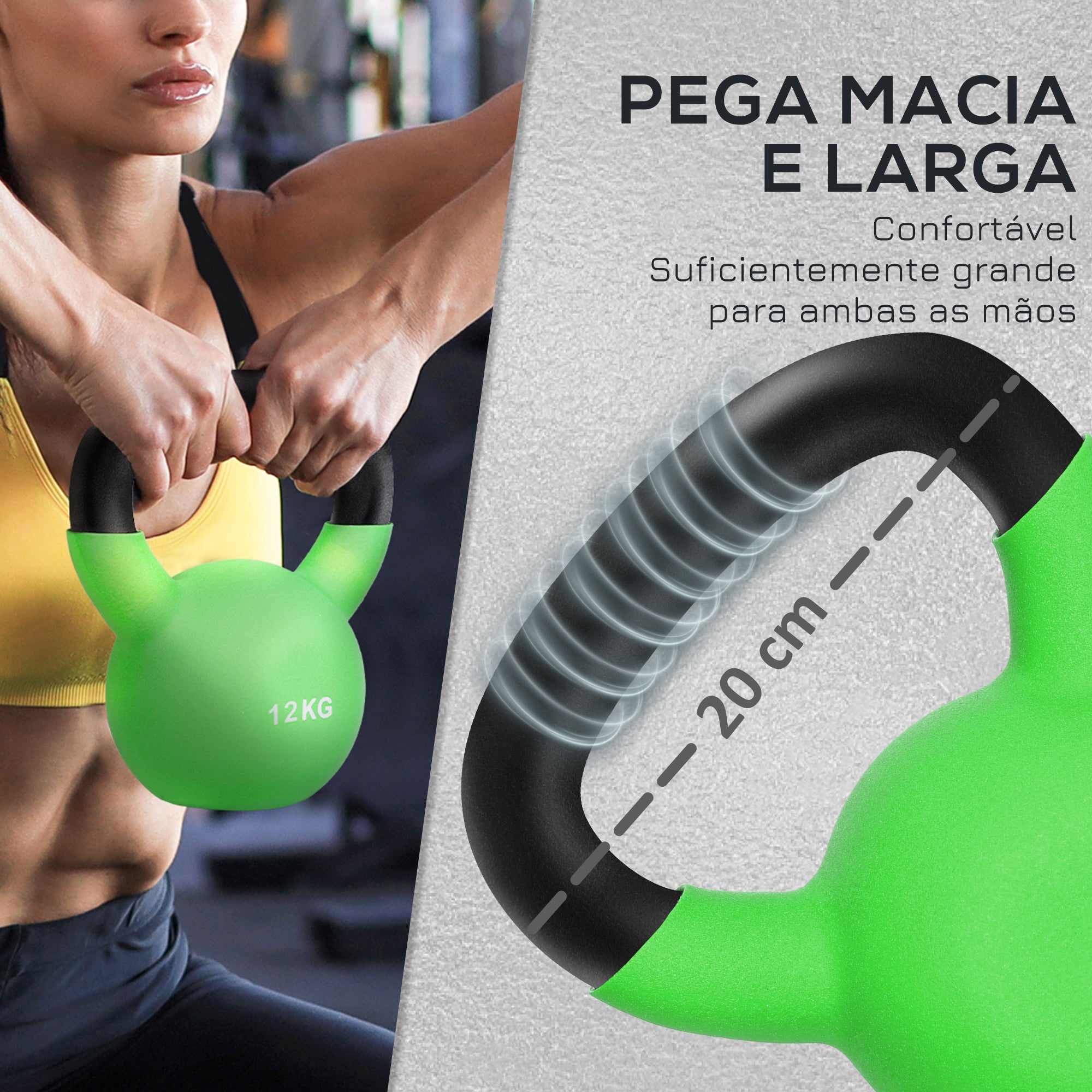 Kettlebell de 12kg Verde em Ferro Fundido com Revestimento de Neoprene - 20x13x23cm