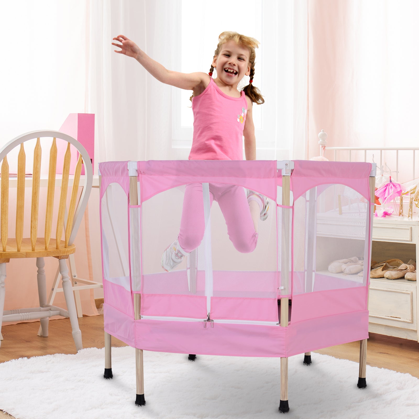 Trampolim Infantil Rosa 126x109x98cm para Crianças acima de 3 Anos
