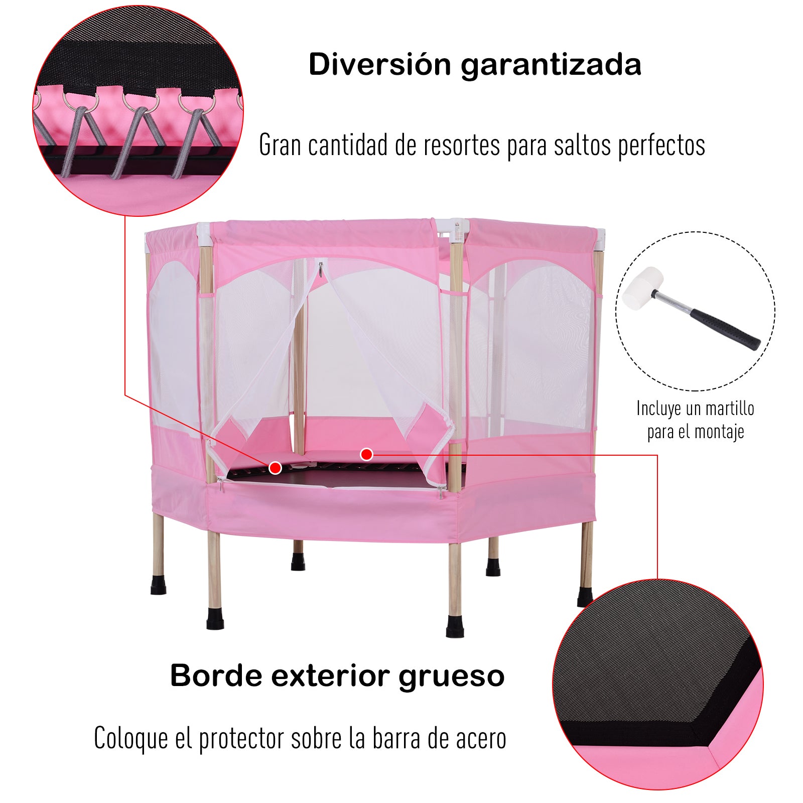 Trampolim Infantil Rosa 126x109x98cm para Crianças acima de 3 Anos