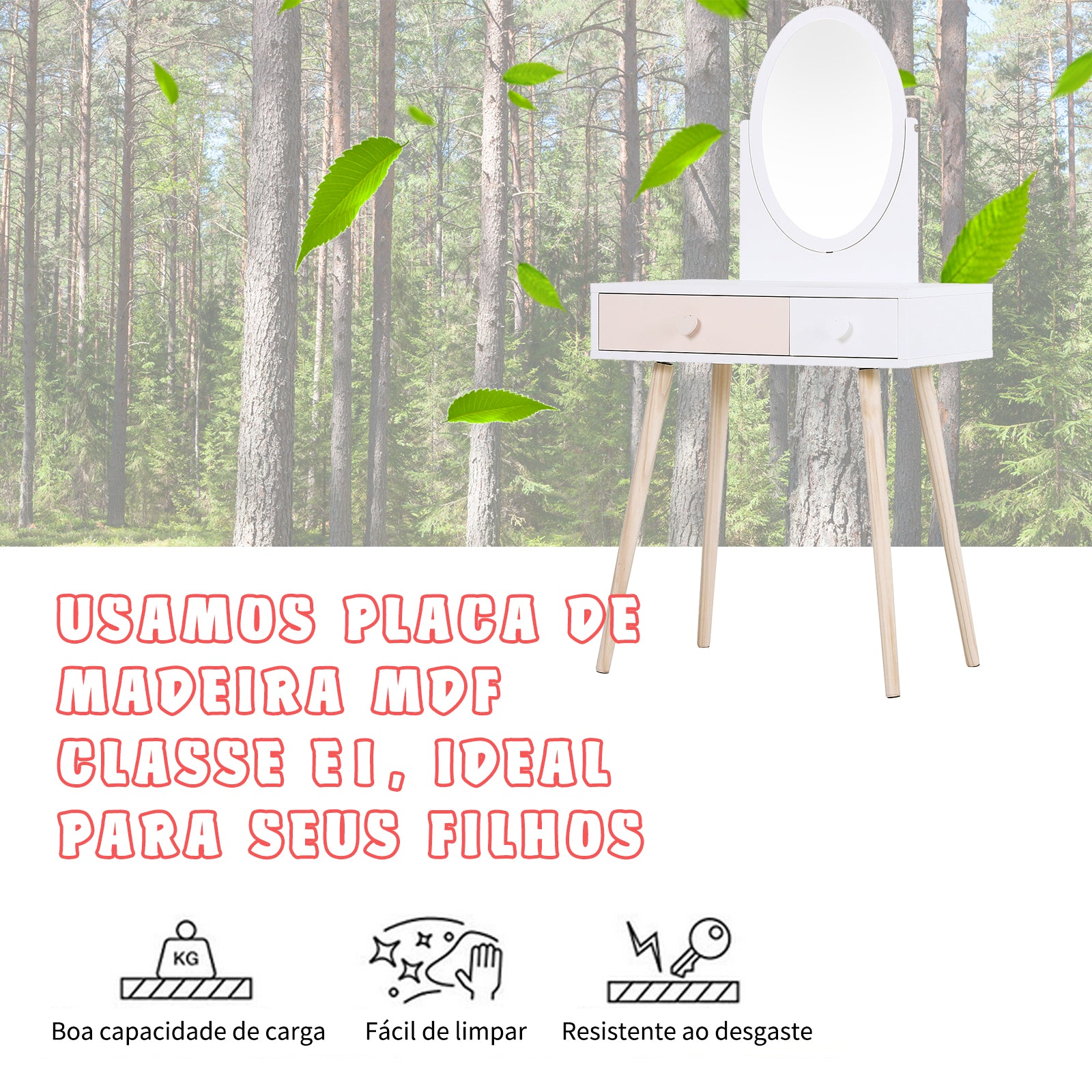 Toucador Infantil com Espelho e 2 Gavetas 69x49x136cm Branco
