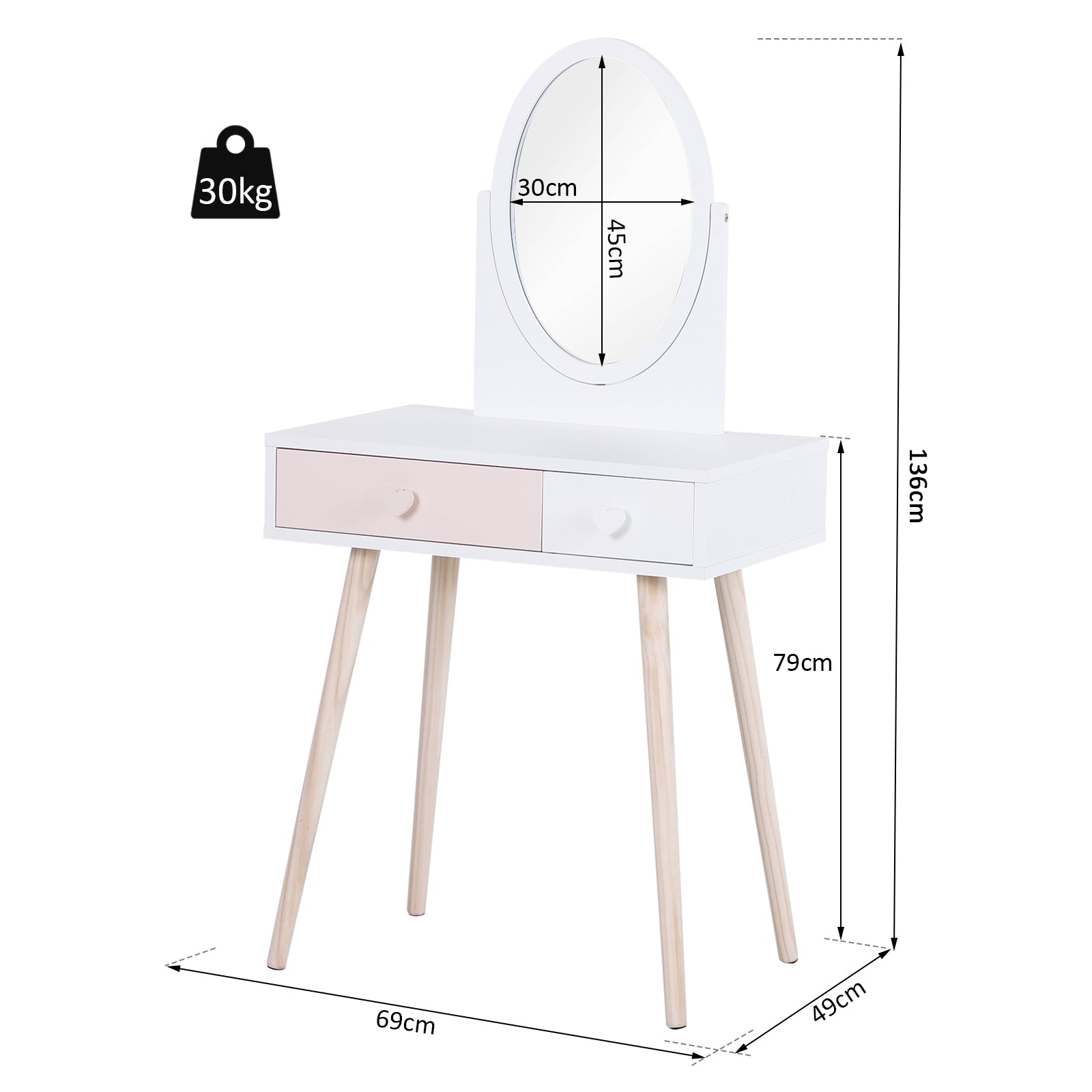 Toucador Infantil com Espelho e 2 Gavetas 69x49x136cm Branco