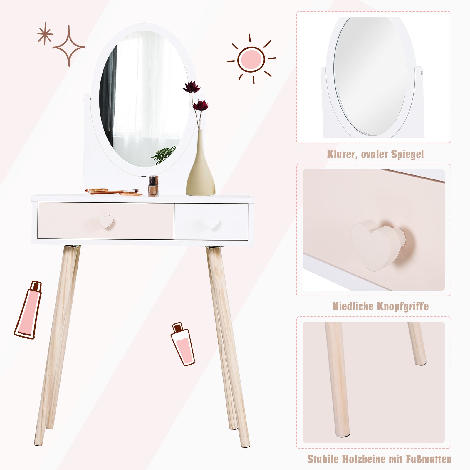 Toucador Infantil com Espelho e 2 Gavetas 69x49x136cm Branco