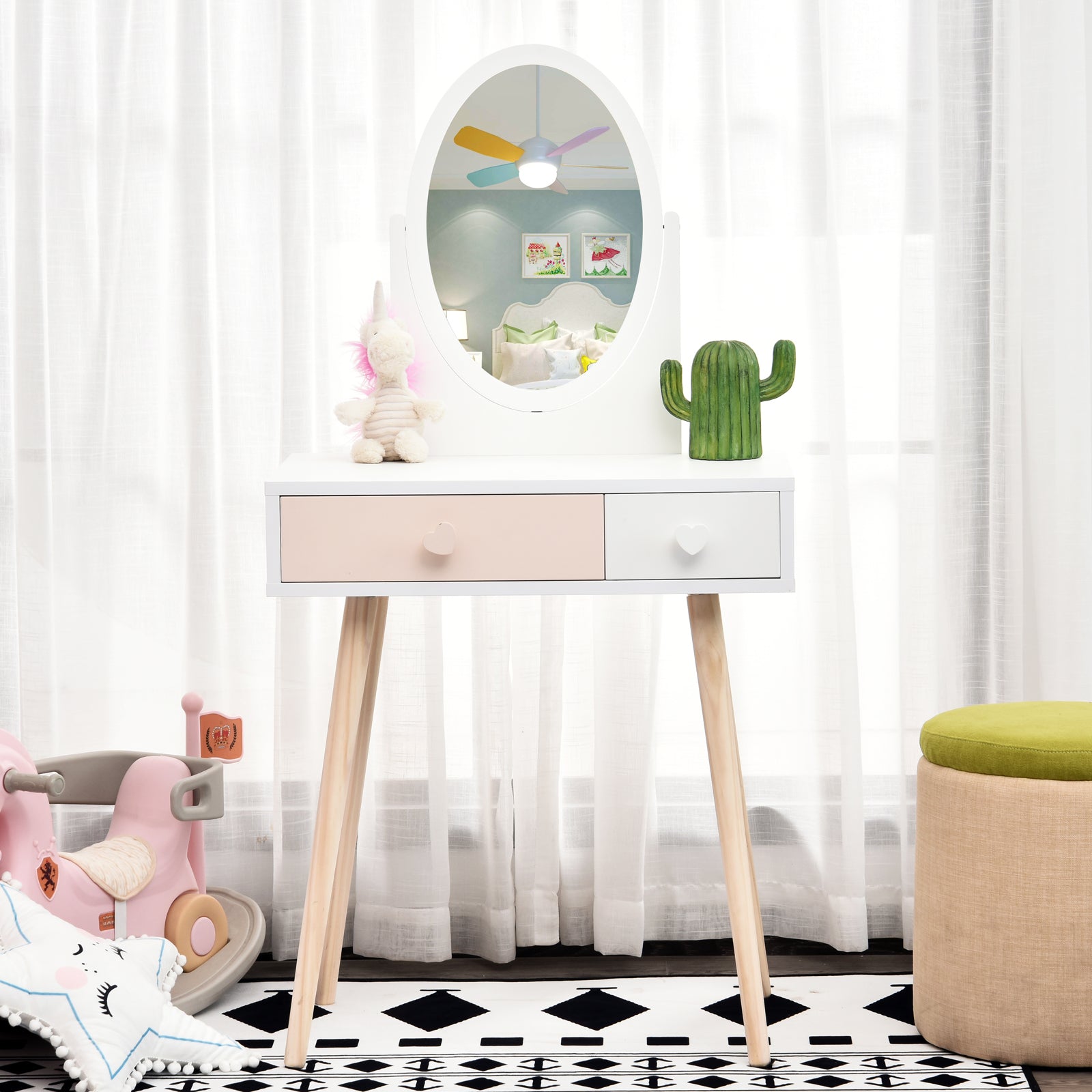 Toucador Infantil com Espelho e 2 Gavetas 69x49x136cm Branco