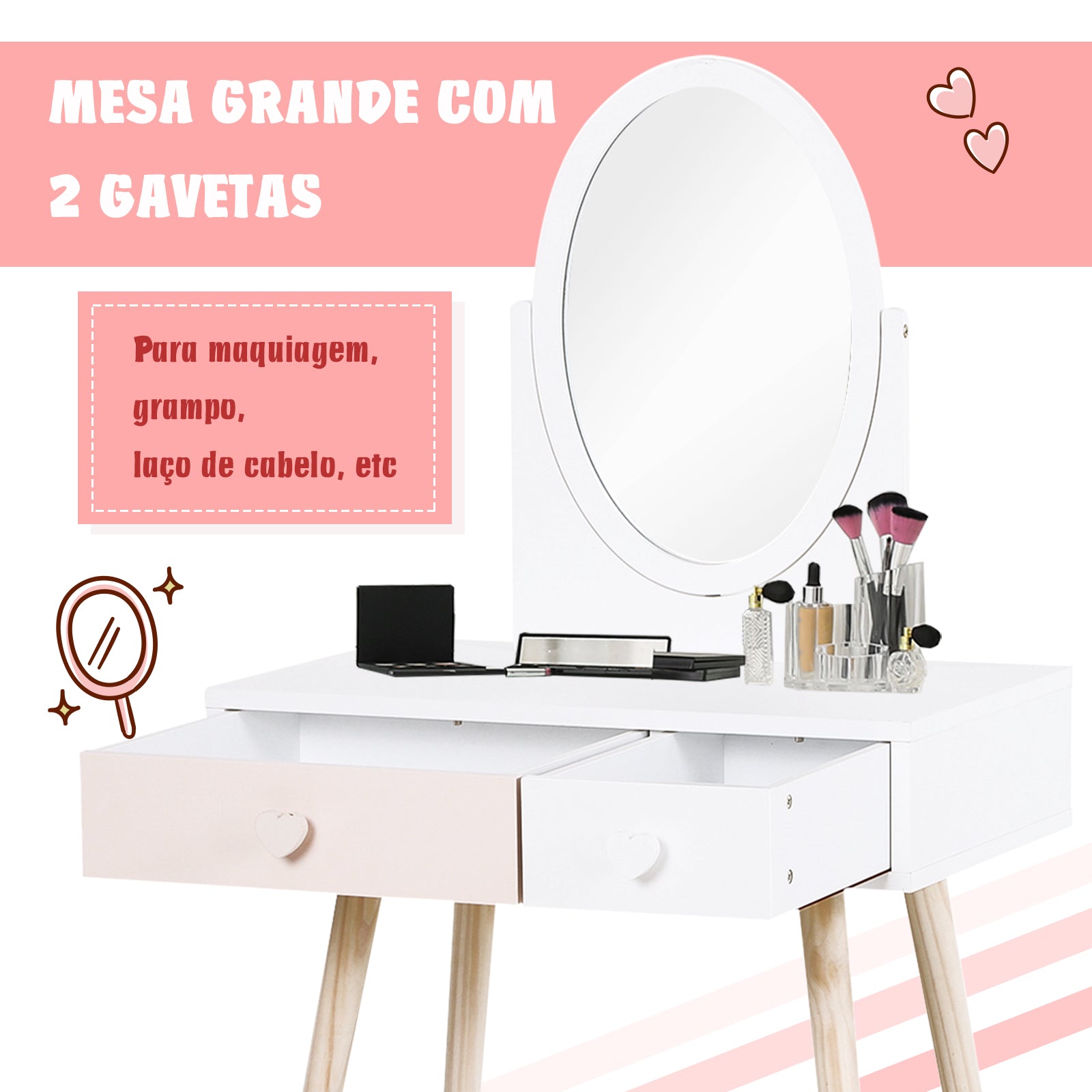 Toucador Infantil com Espelho e 2 Gavetas 69x49x136cm Branco