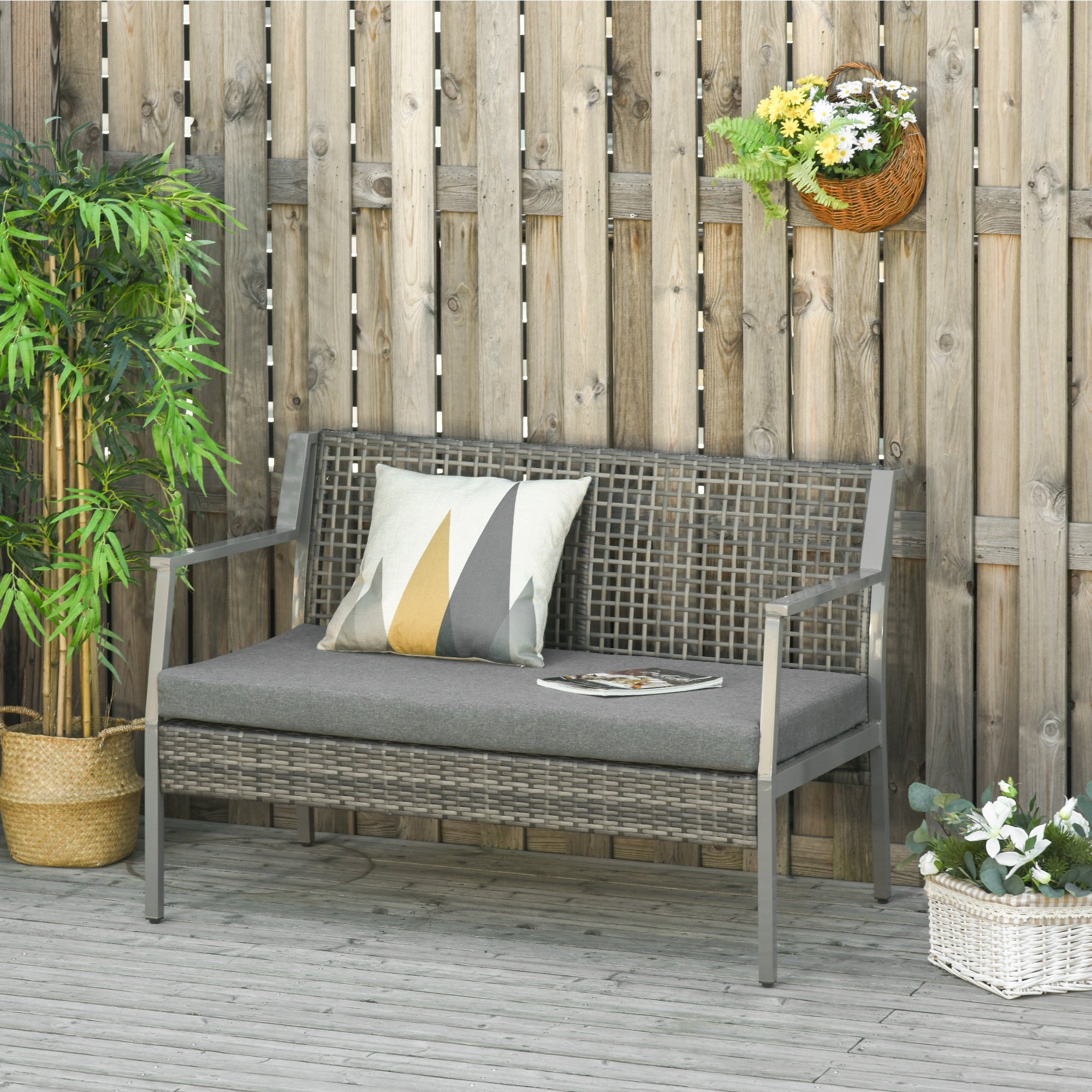 Banco de Jardim de Vime Cinzento 118x75x79 cm com Almofada Amovível